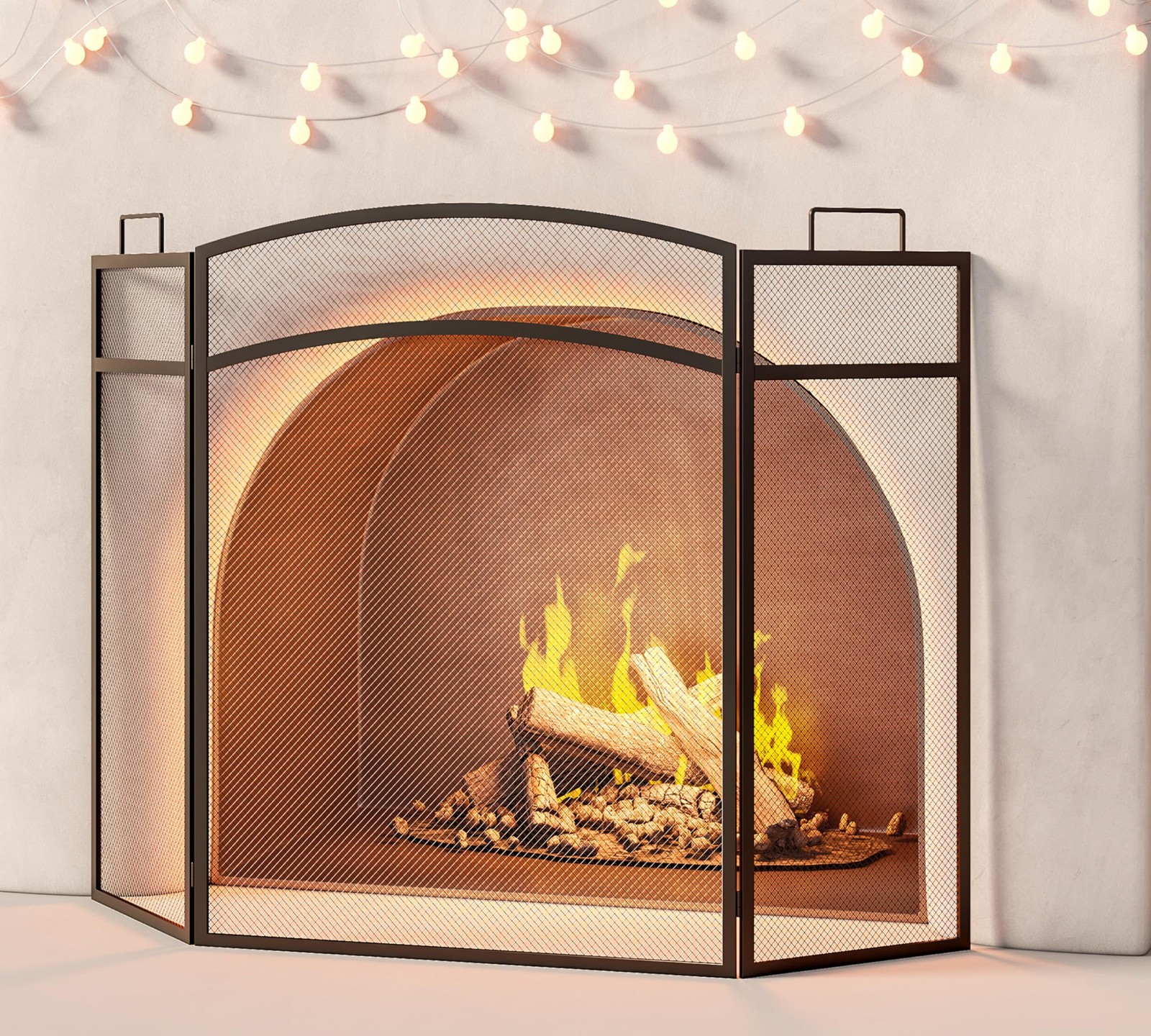 3 Panel Fireplace Screen 48″ W x 29″ H Modern Foldable with Wrought Metal Dec…