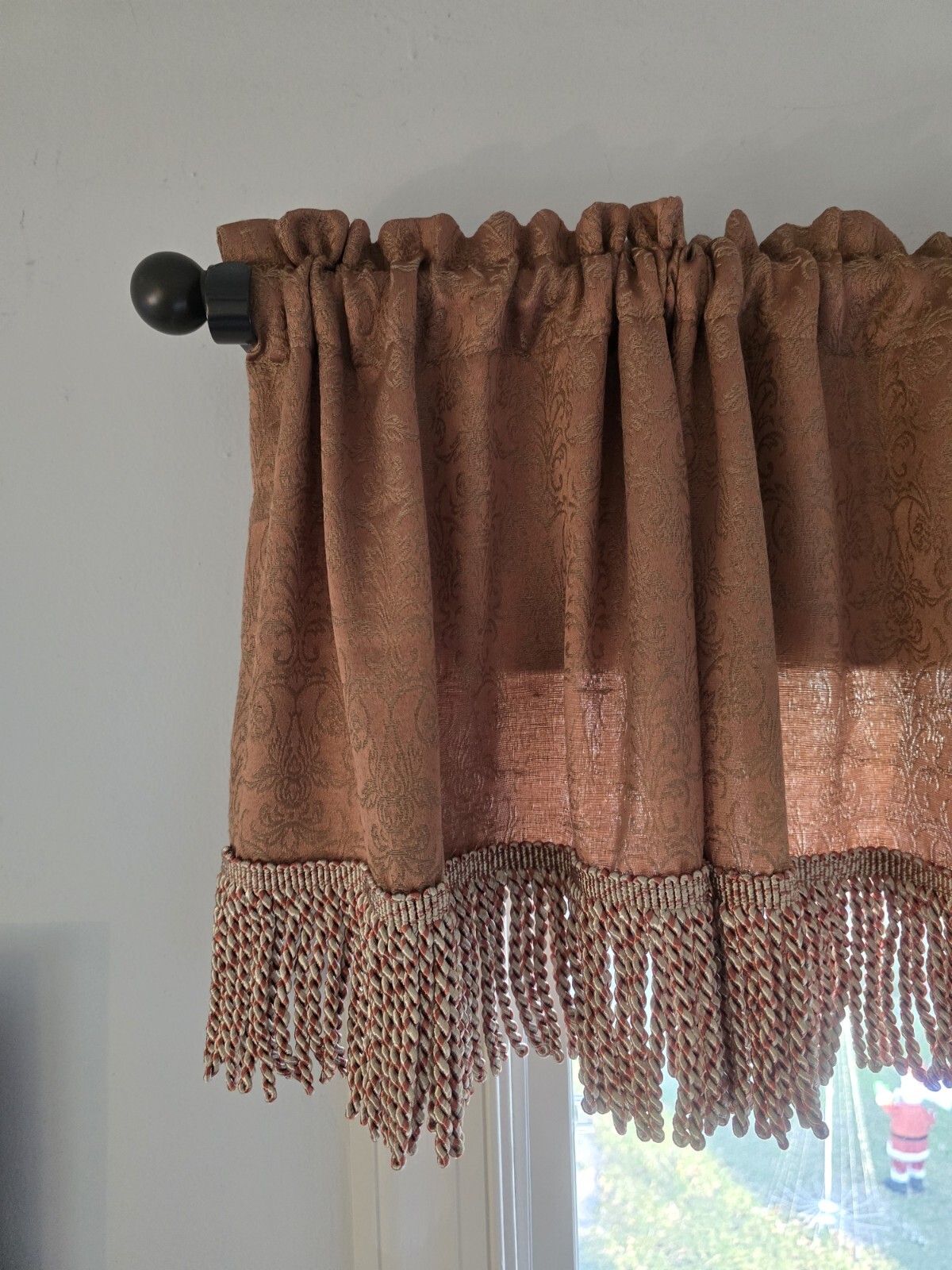 3 Vintage Custom Floral Damask Fringe Valances 80×16 Rust Rose Gold Golden Tan