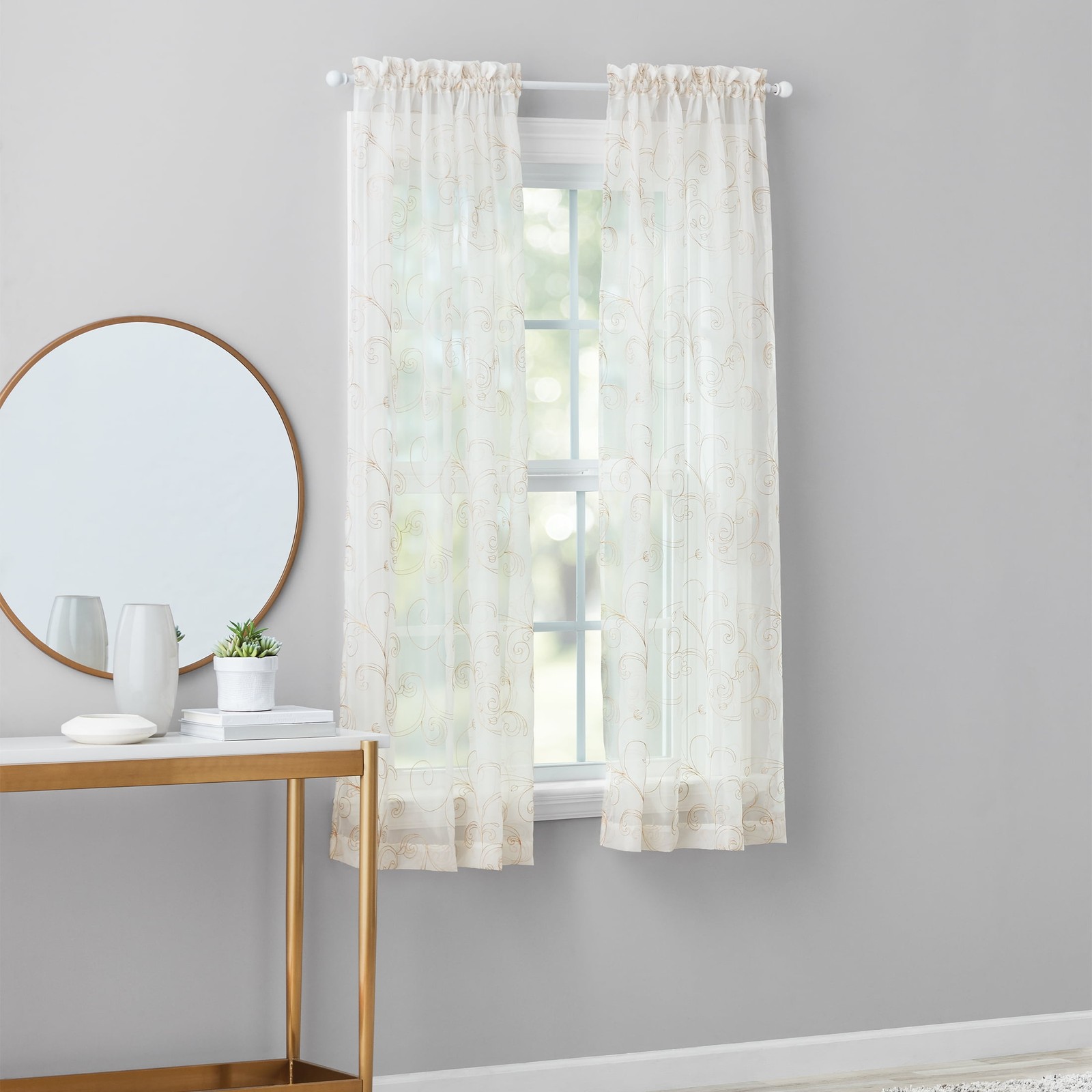 Scroll Rod Pocket Sheer Curtain Panel, 1-Piece, White/Grey, 38″ W x 63″ L