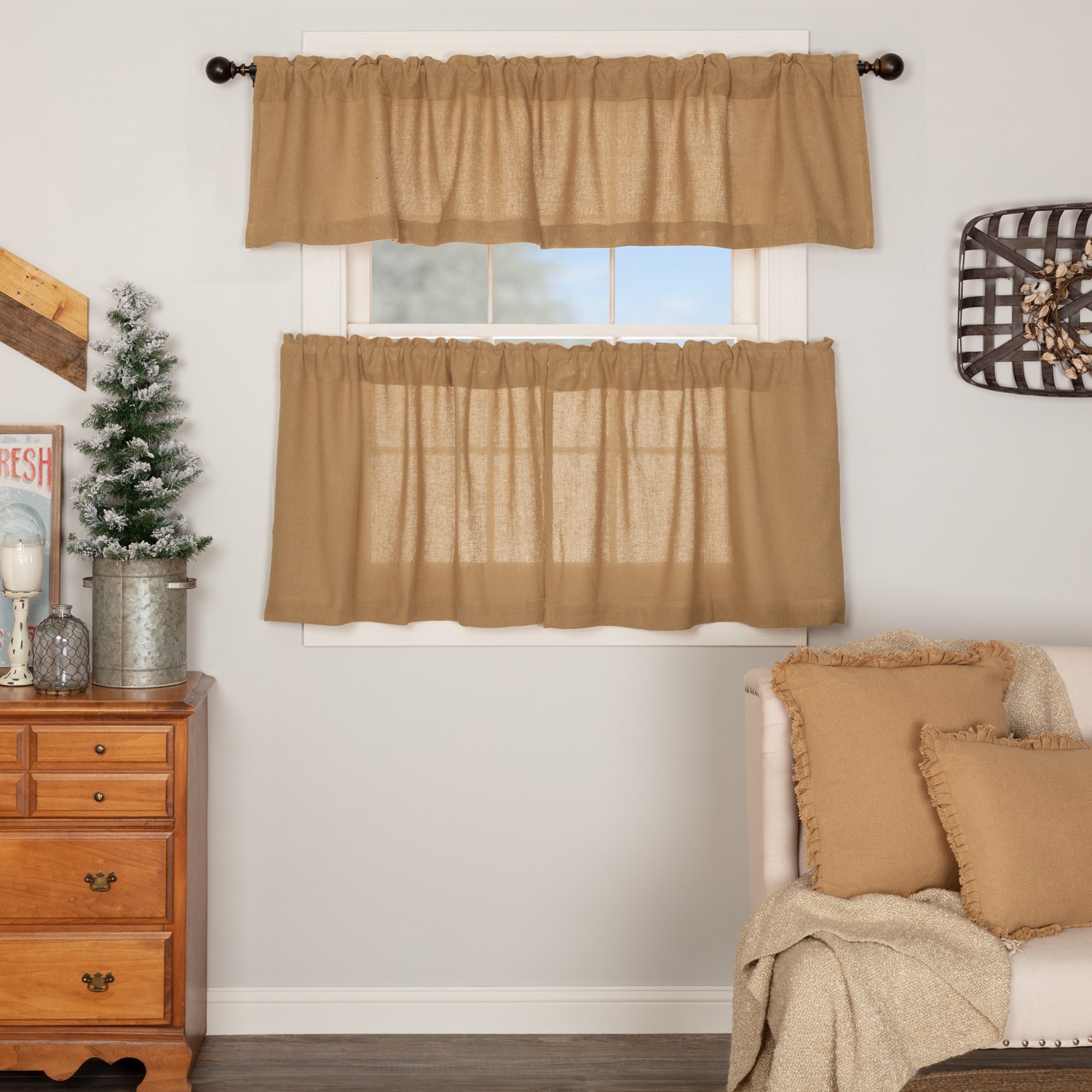 Burlap Natural Natural Curtain Set (1 Valance 16×72 ; 2 Tier 24×36) VHC Brands