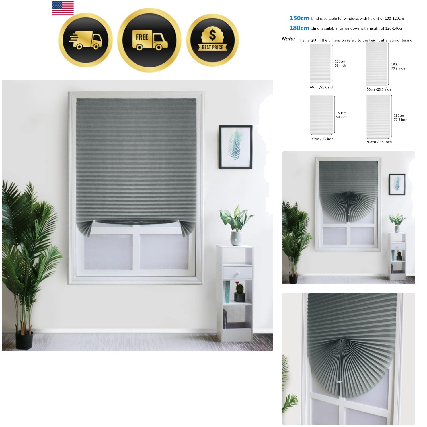 2 Pack Temporary Blackout Blinds for Window, Self Adhesive Pleated Cordless N…