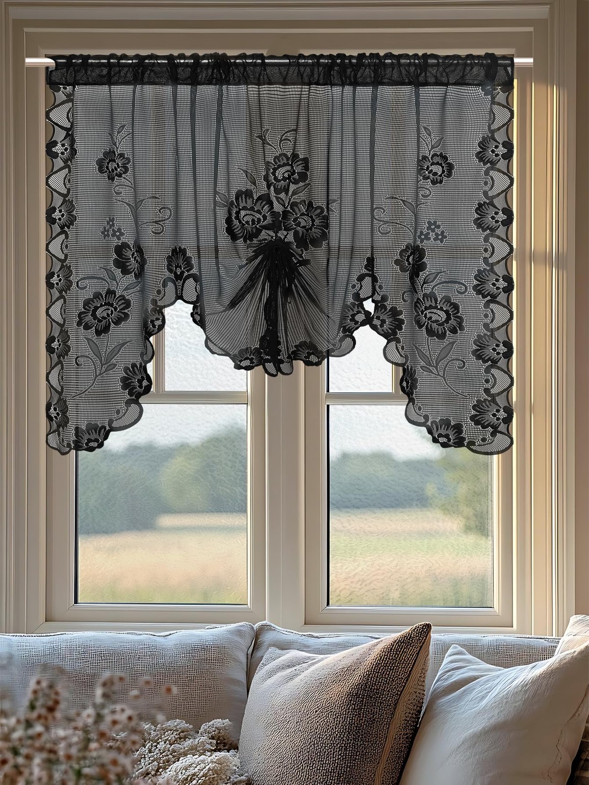 Semi-Sheer Floral Lace Curtain Swag for Kitchen 59″W x 39″L (Pack of 1) Black
