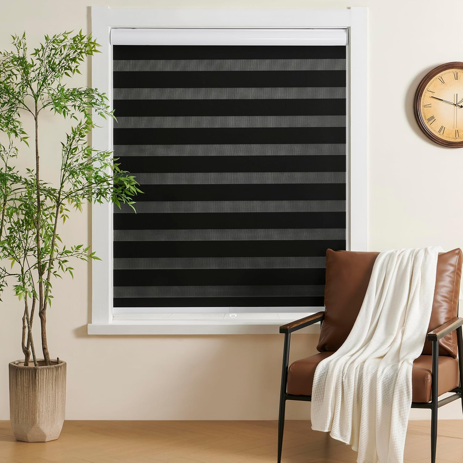 Cordless Zebra Blinds 40″x72″ Black – Light Filtering Privacy Shades