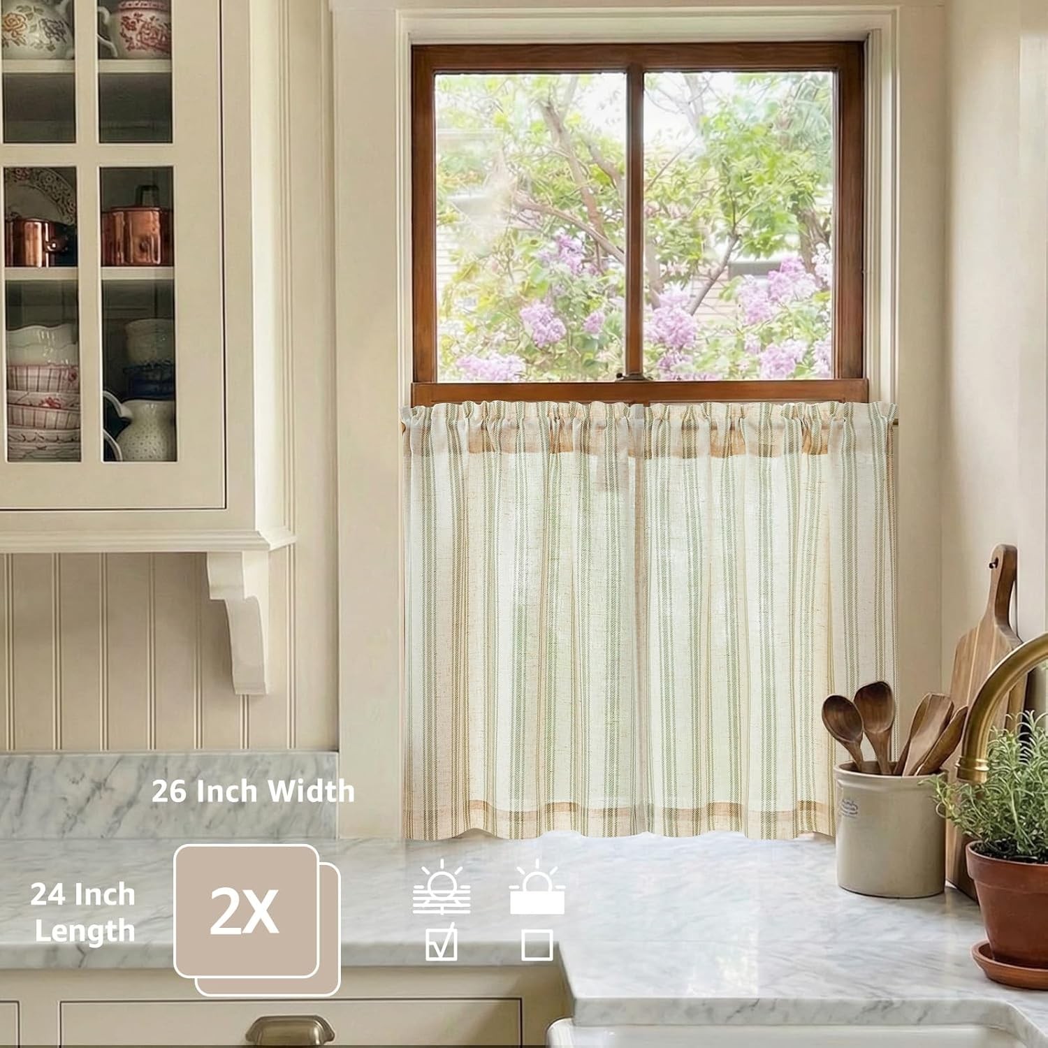 Striped Linen Kitchen Curtains 24 Inch Cafe Tier Curtains Balanced Stripe