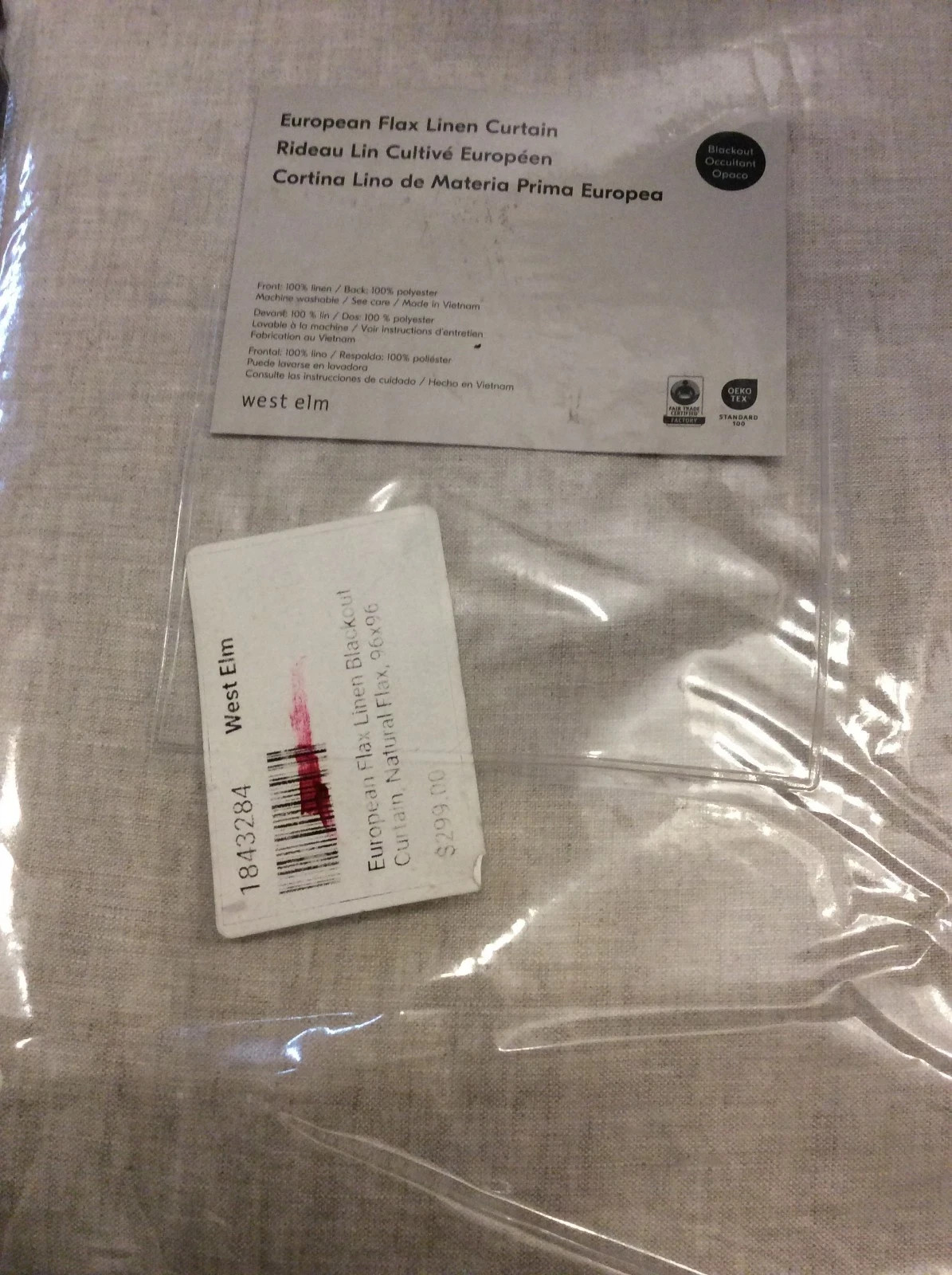 West Elm European Flax Linen Blackout Curtain 96×96 Natural Flax Double~Width