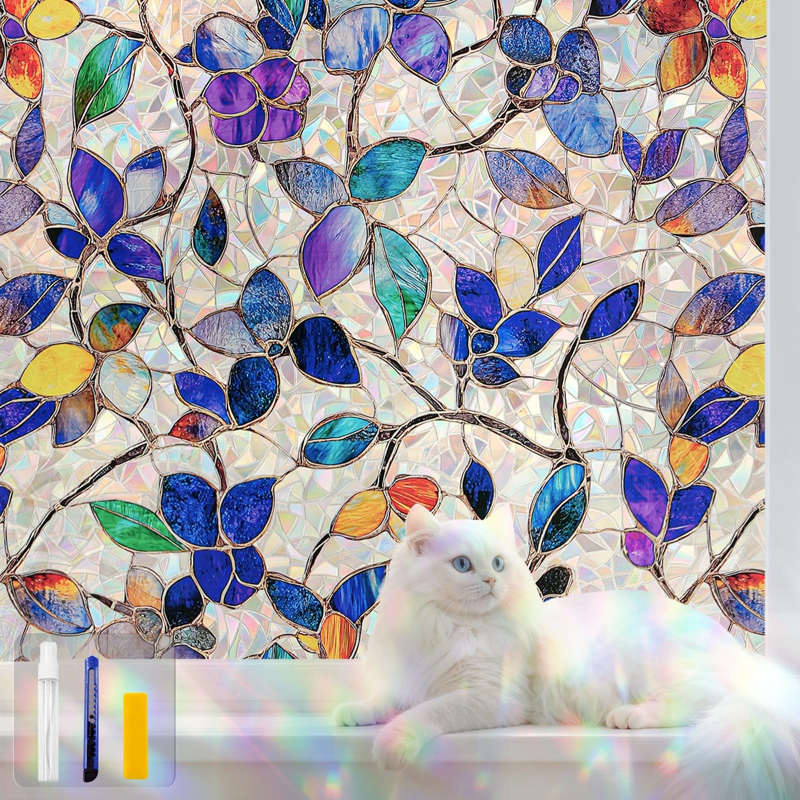 Stained Glass Window Privacy Film Decorative Rainbow Static Clings – Ideal fo…