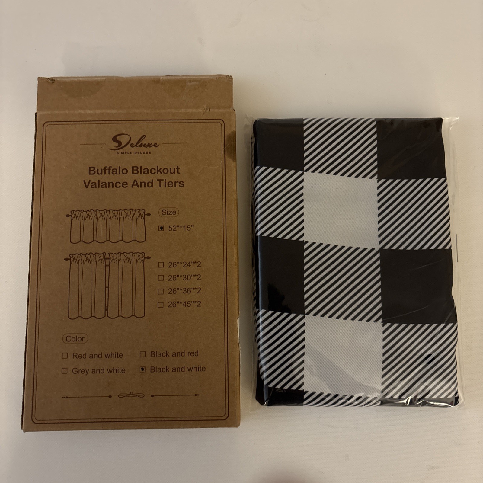 Simple Deluxe Buffalo Plaid Blackout Valance & Tiers 52”W x 15” White and Black