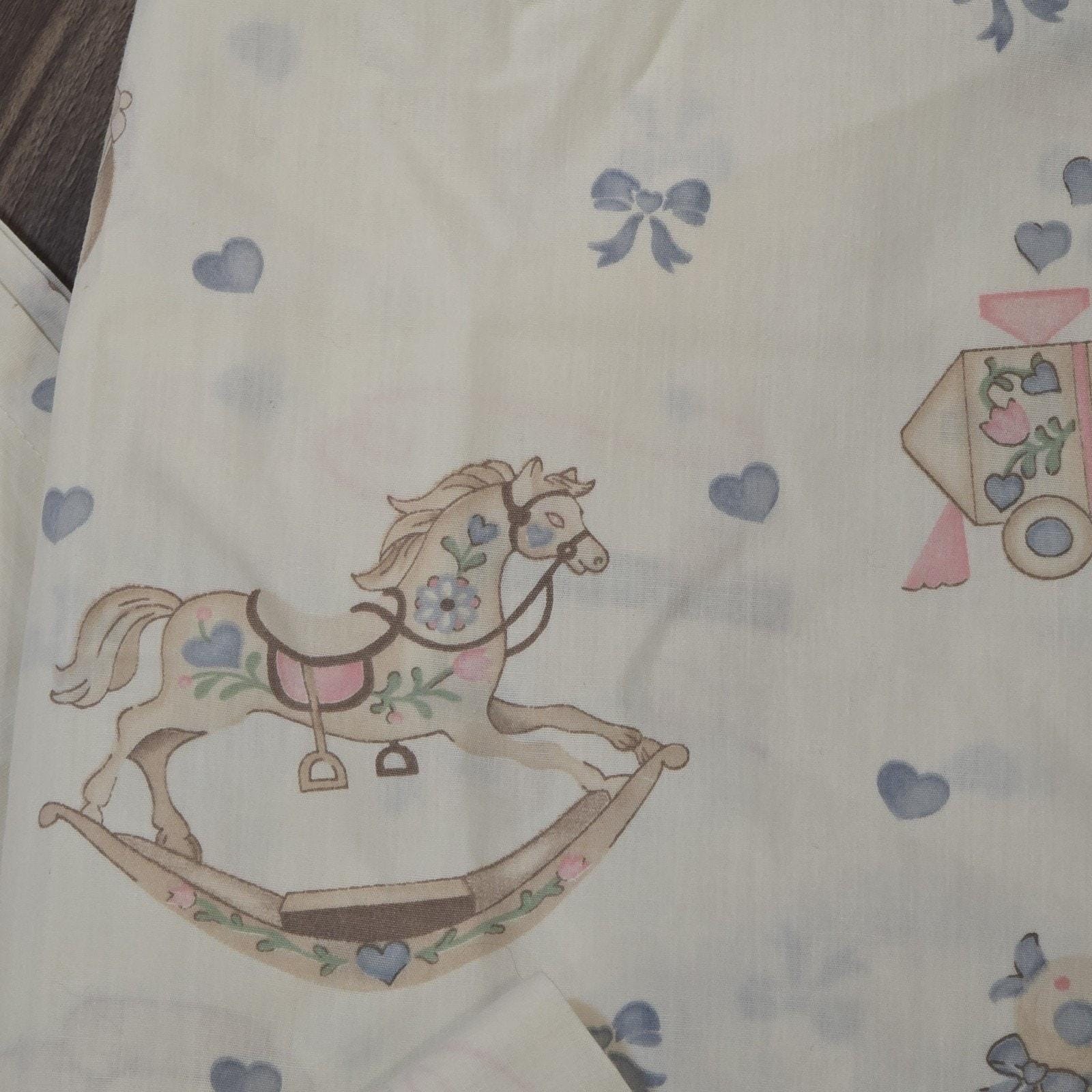 2 Rocking Horse Vtg Toys Nursery Baby Room Handmade Curtains Valance Cottagecore