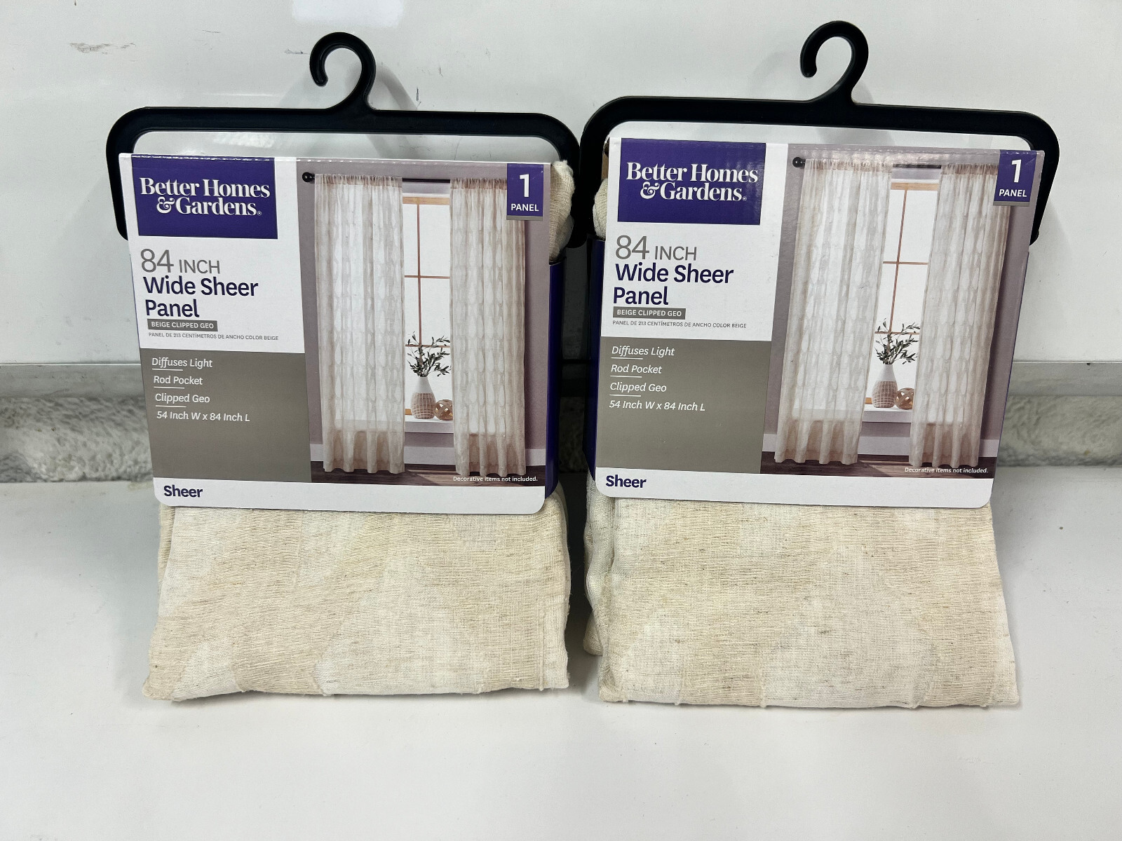 PAIR of Mainstays 84″L x 54″W Rod Pocket Clipped Beige Geometric Curtain Panels