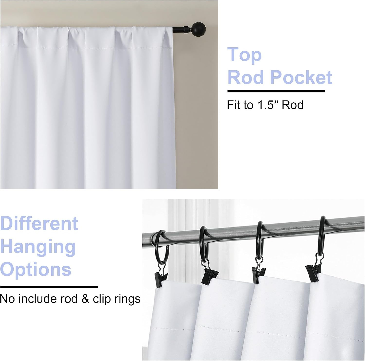 Ava Pure White Curtains 24 Inches Long 2 Panels, Light Filtering Half Window Rod