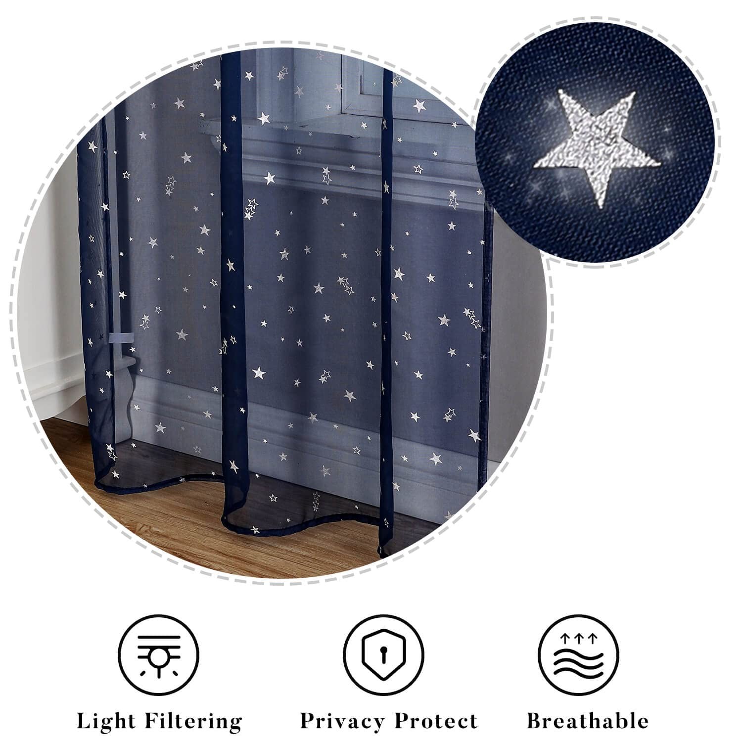 Star Sheer Curtains for Room Set of 2 Panels 63 Inch Length, Blue Starry Moon…
