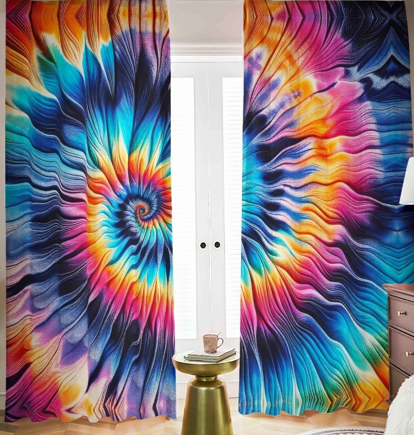 Psychedelic Tie Dye Blackout Curtains Black Out Rainbow Spiral Tied Dyed Pastels