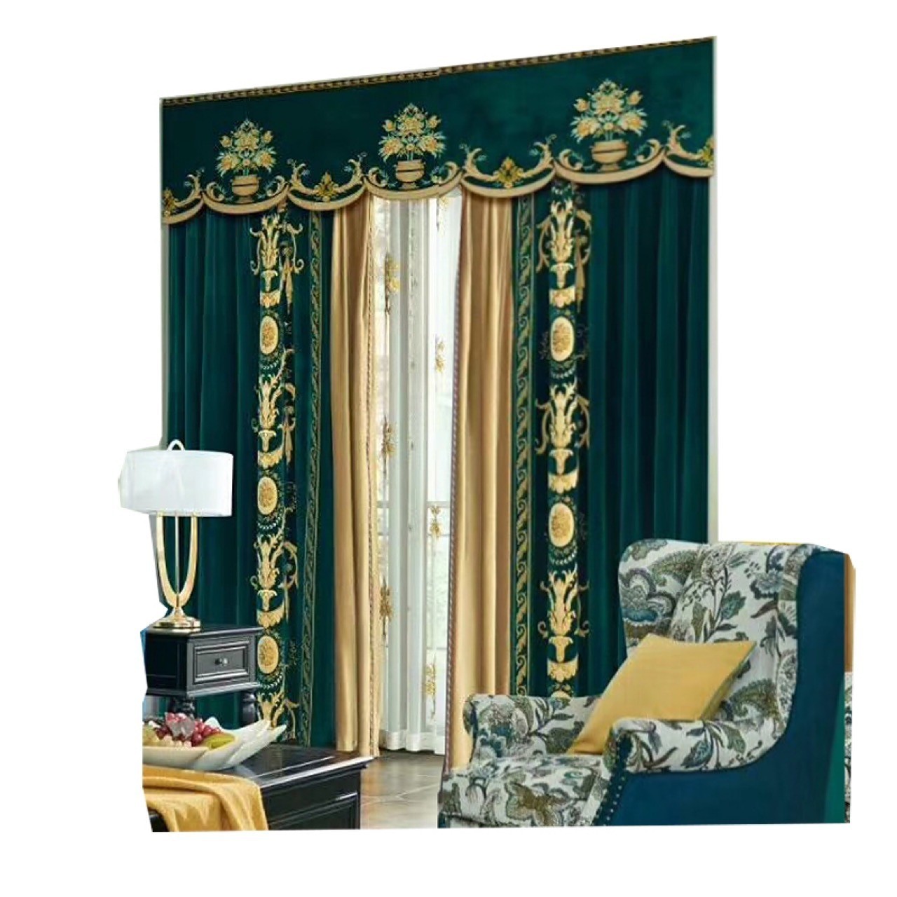 flannel luxury European green embroidery valance livingroom curtain tulle M1939