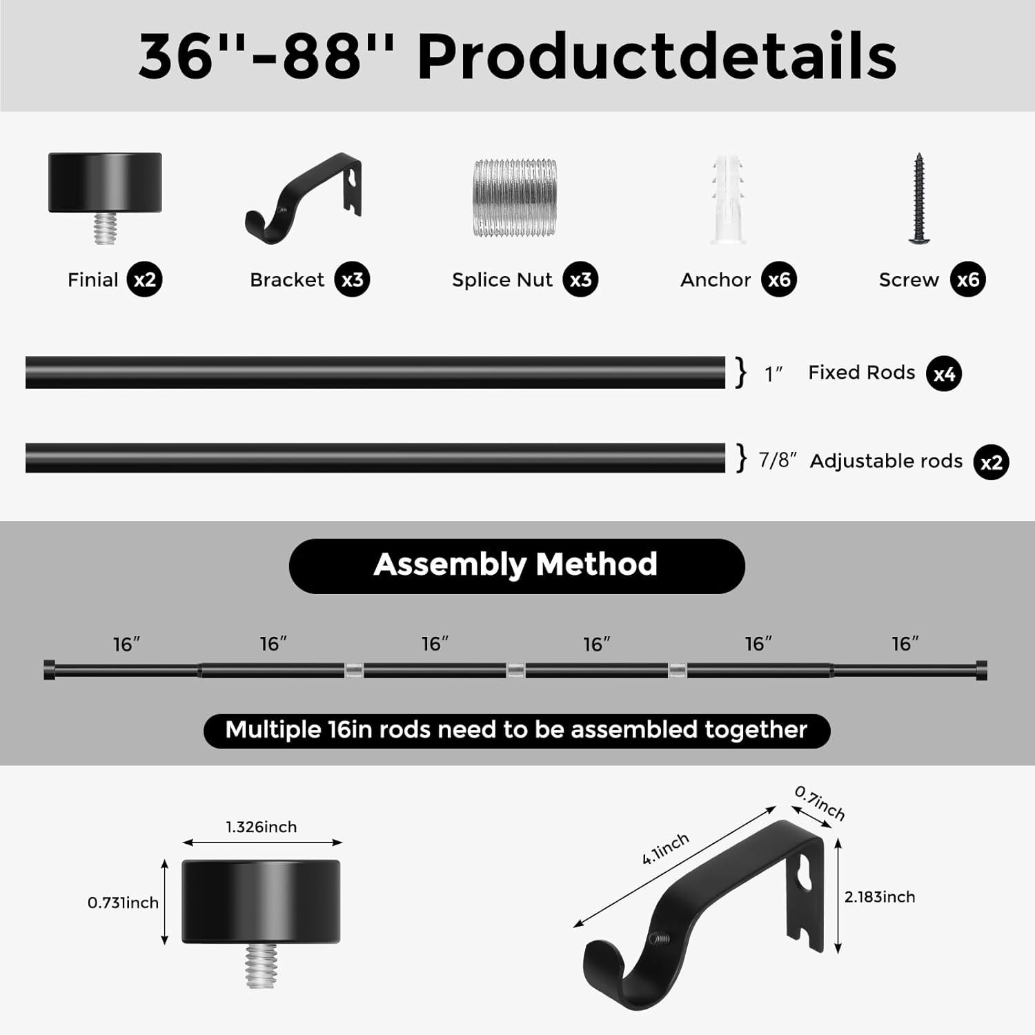 Curtain Rods for Windows 48 to 84 Inch4-7 Feet,Black 1” Diameter Drapery Rod…