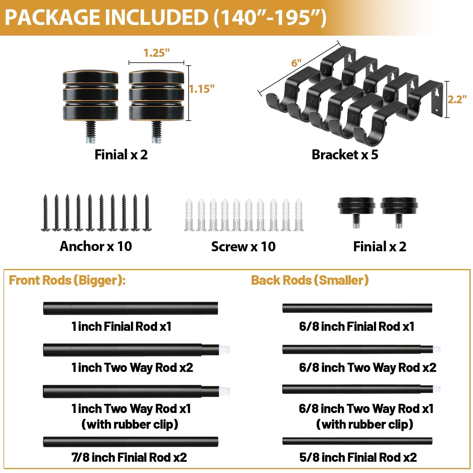 TONIAL1 Inch Double Curtain Rods 140 to 195 Inches, Heavy Duty Decorative Lon…