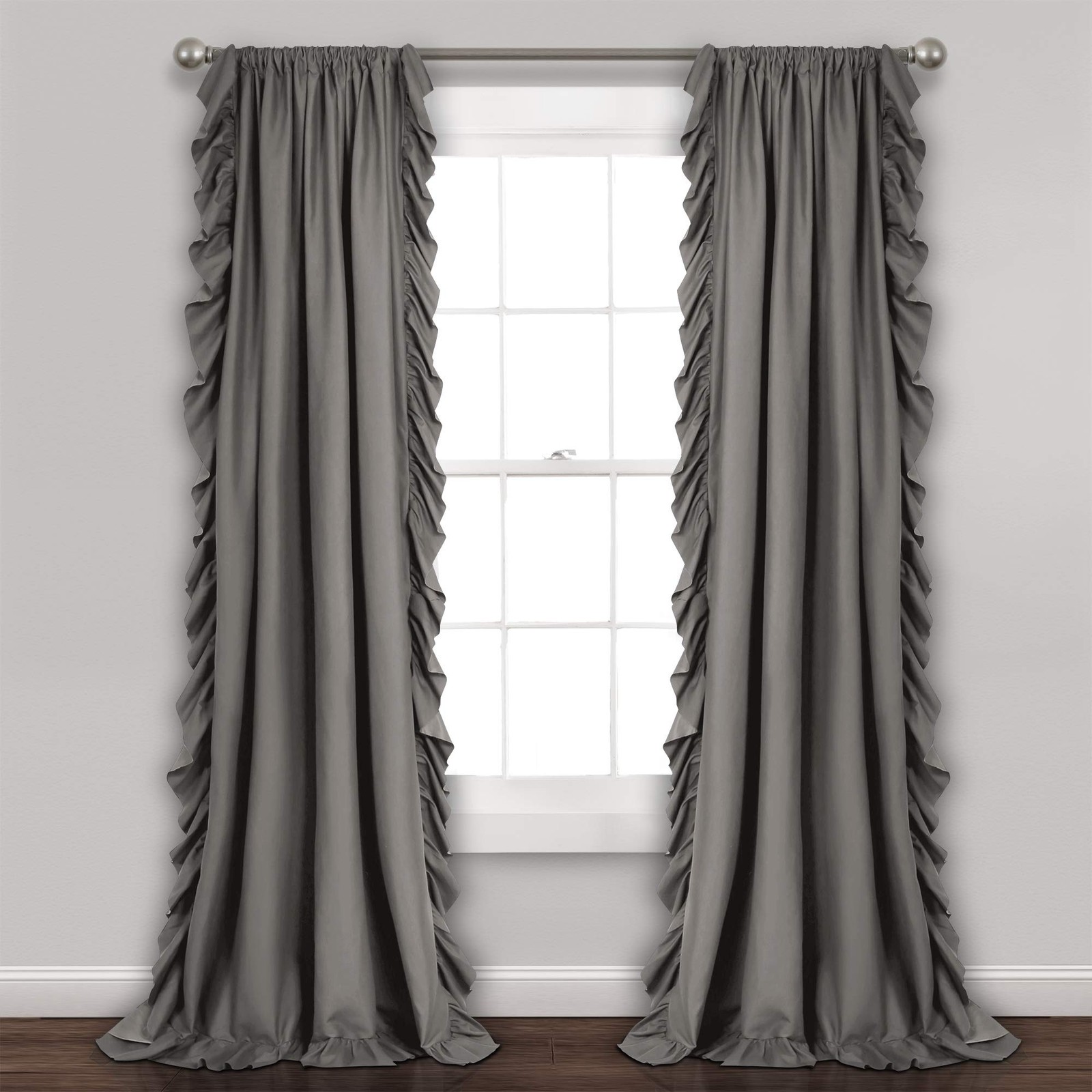 Reyna Ruffle Window Curtain Set, 137.2cm W x 213.4cm L, Grey, Flowy Front…