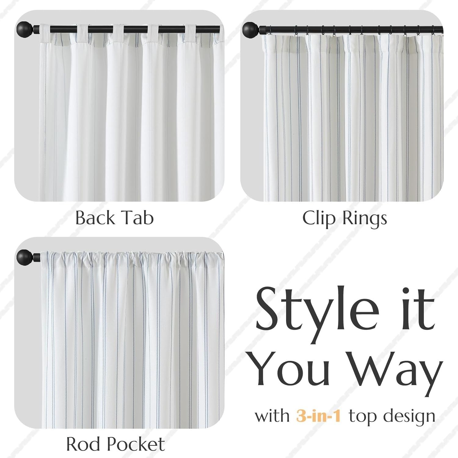 White & Blue Striped Curtains, 84″ Length – Stylish Window Treatment Pack of 2