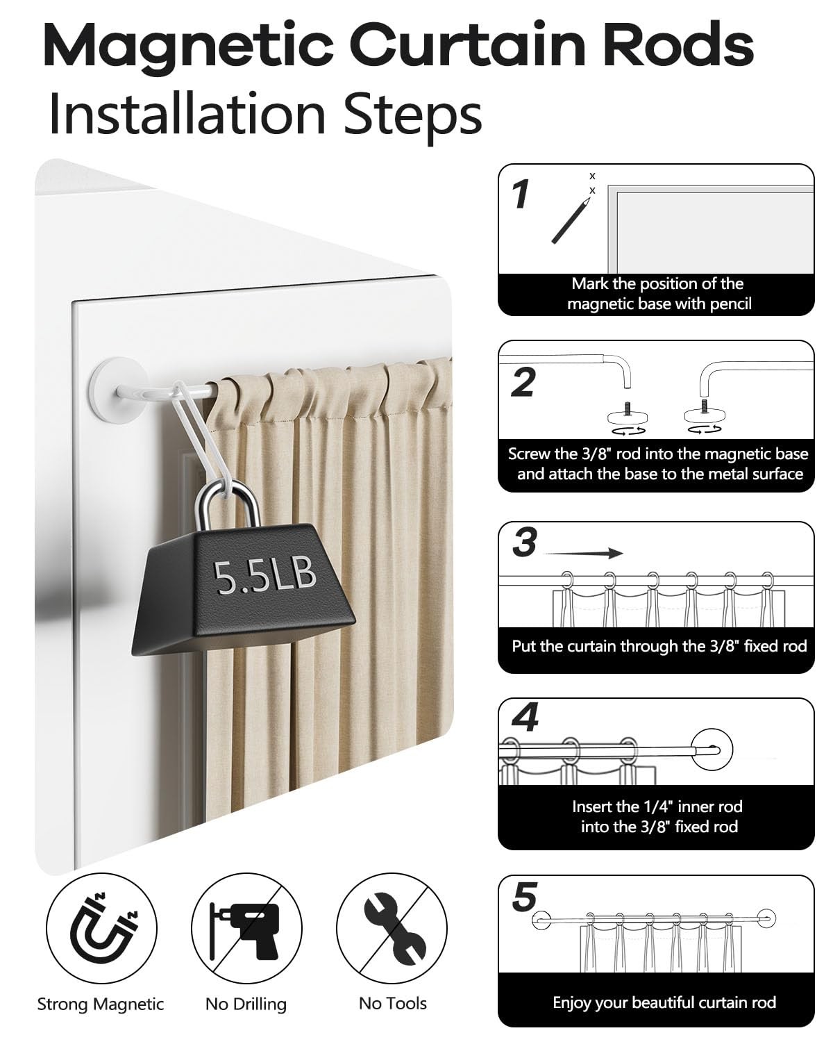 Magnetic Curtain Rods for Door, Adjustable 18 to 30 Inch Curtain Rod, 3/8 Inc