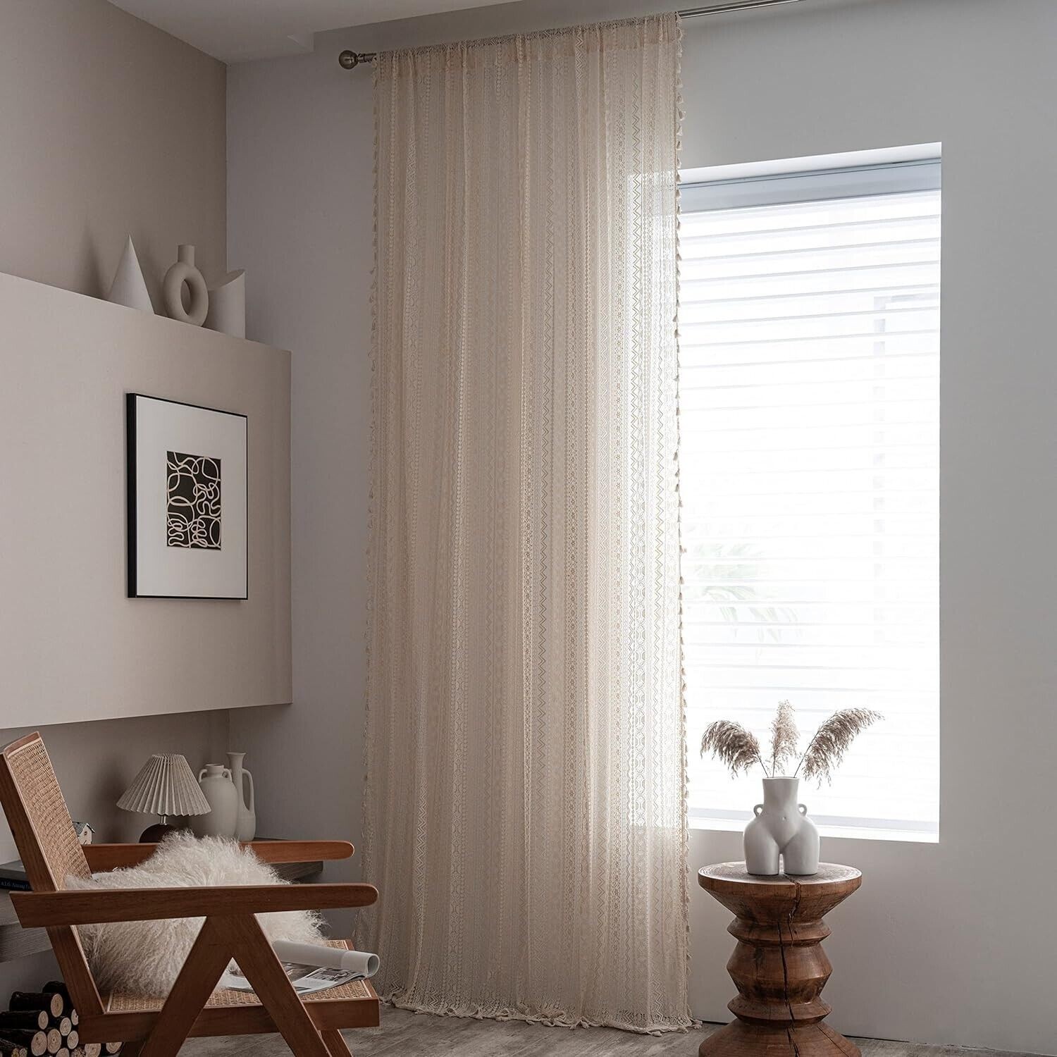 Rustic Crochet Lace Curtain Panels Window Drapes Bedroom Living Room Rod Pocket