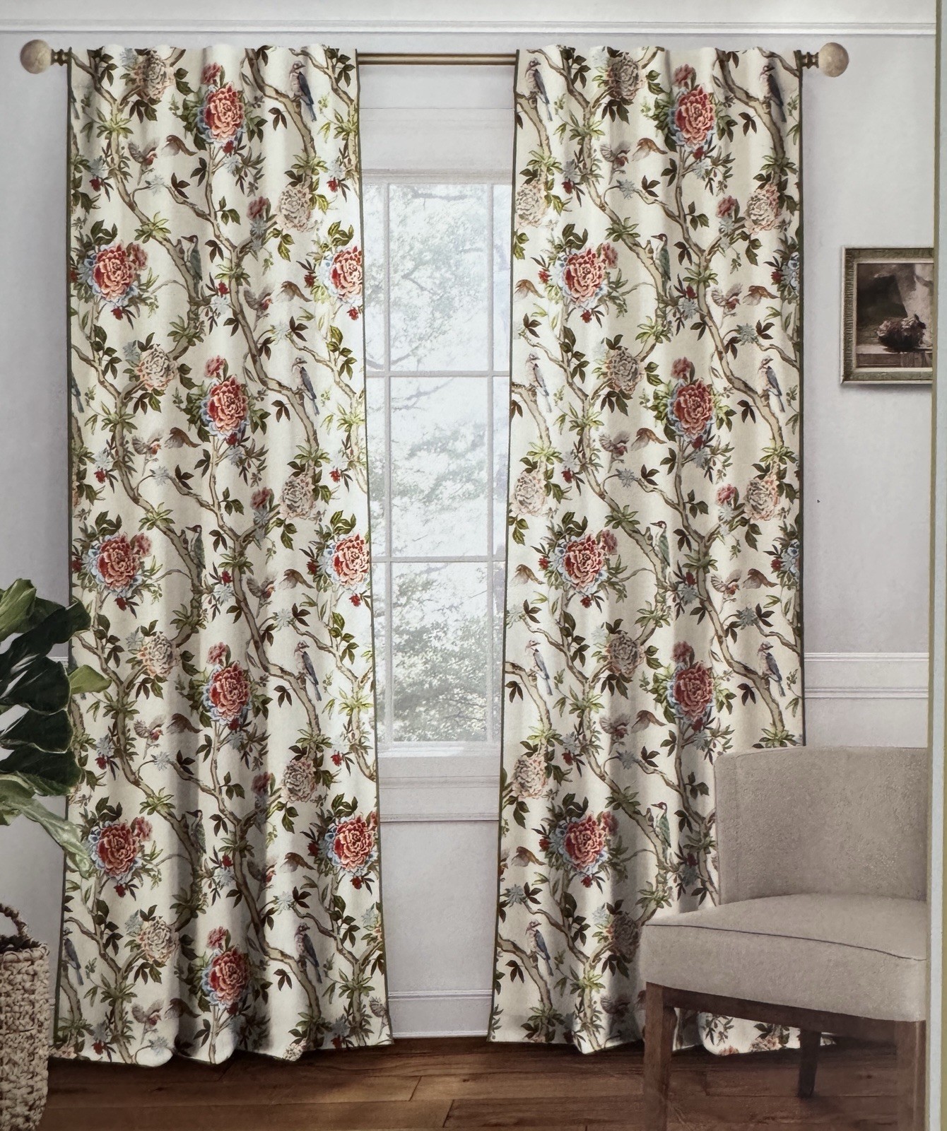 Lillian August Window Curtains 2 Panels 38 x 96″ Cream Birds Drapers Back Tab