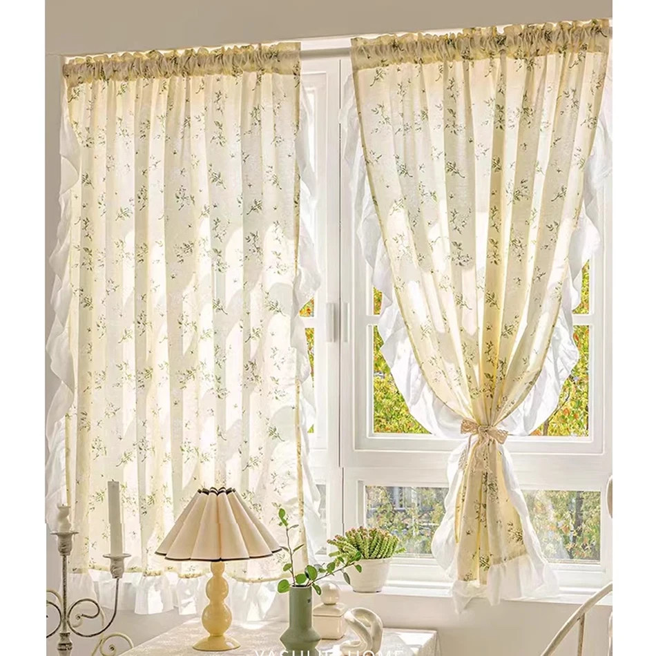 Korean Ruffle Daisy Curtains Road Pocket Shade Curtain Floral for Kitchen Bedroo