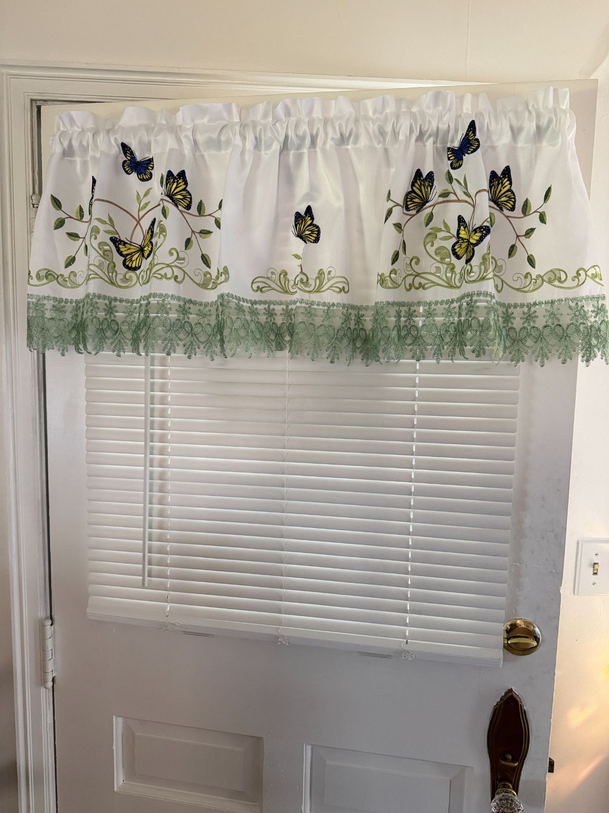 Butterfly Embroidered Window Valance Green Lace Trim Elegant White Curtain Panel