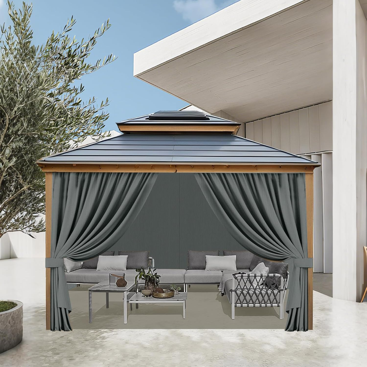 Waterproof 10×12 Ft Gray Privacy Curtains for Gazebos – 4-Piece Set