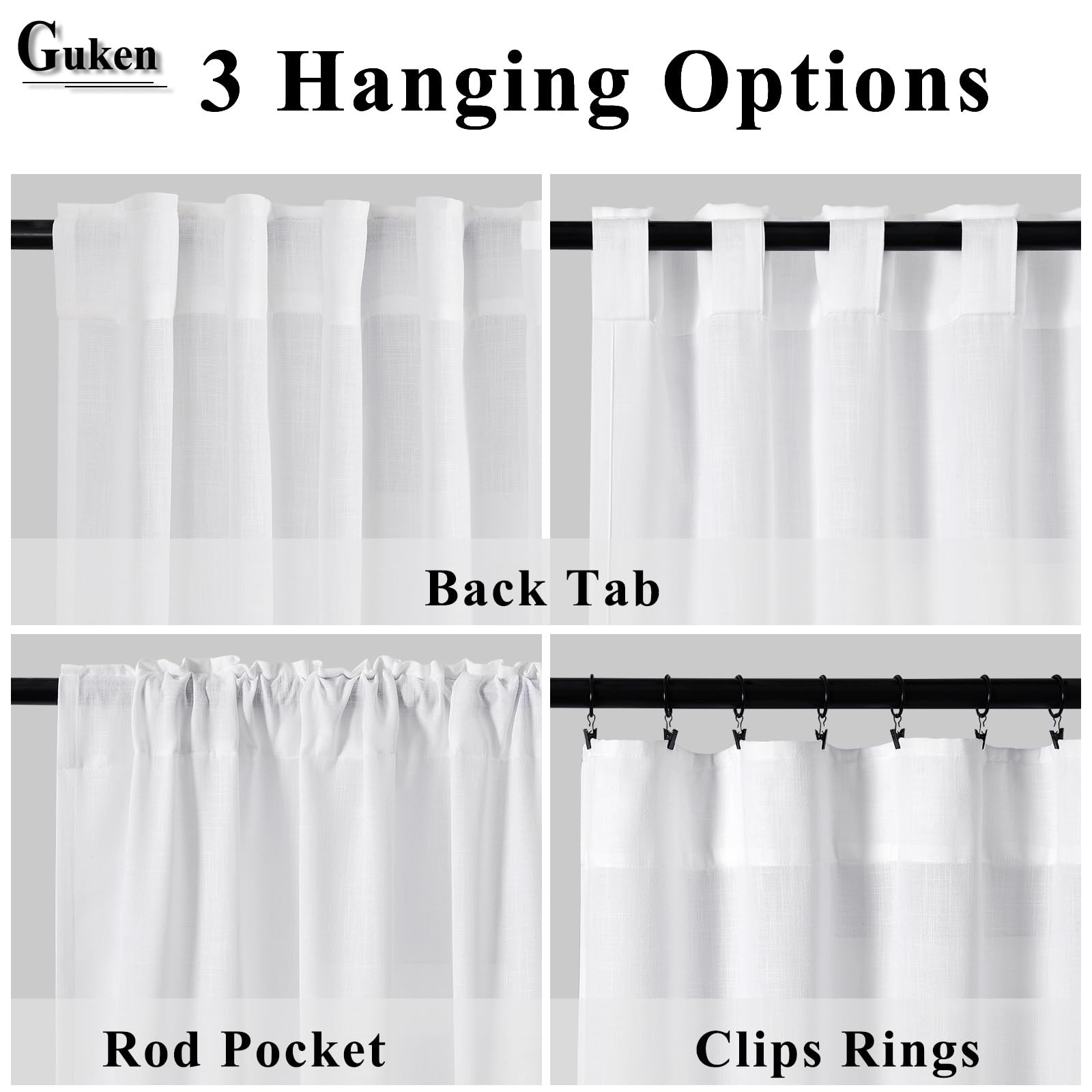 Guken White Linen 52×132 in Curtain Panel 132″ Semi Sheer Light Filtering 1