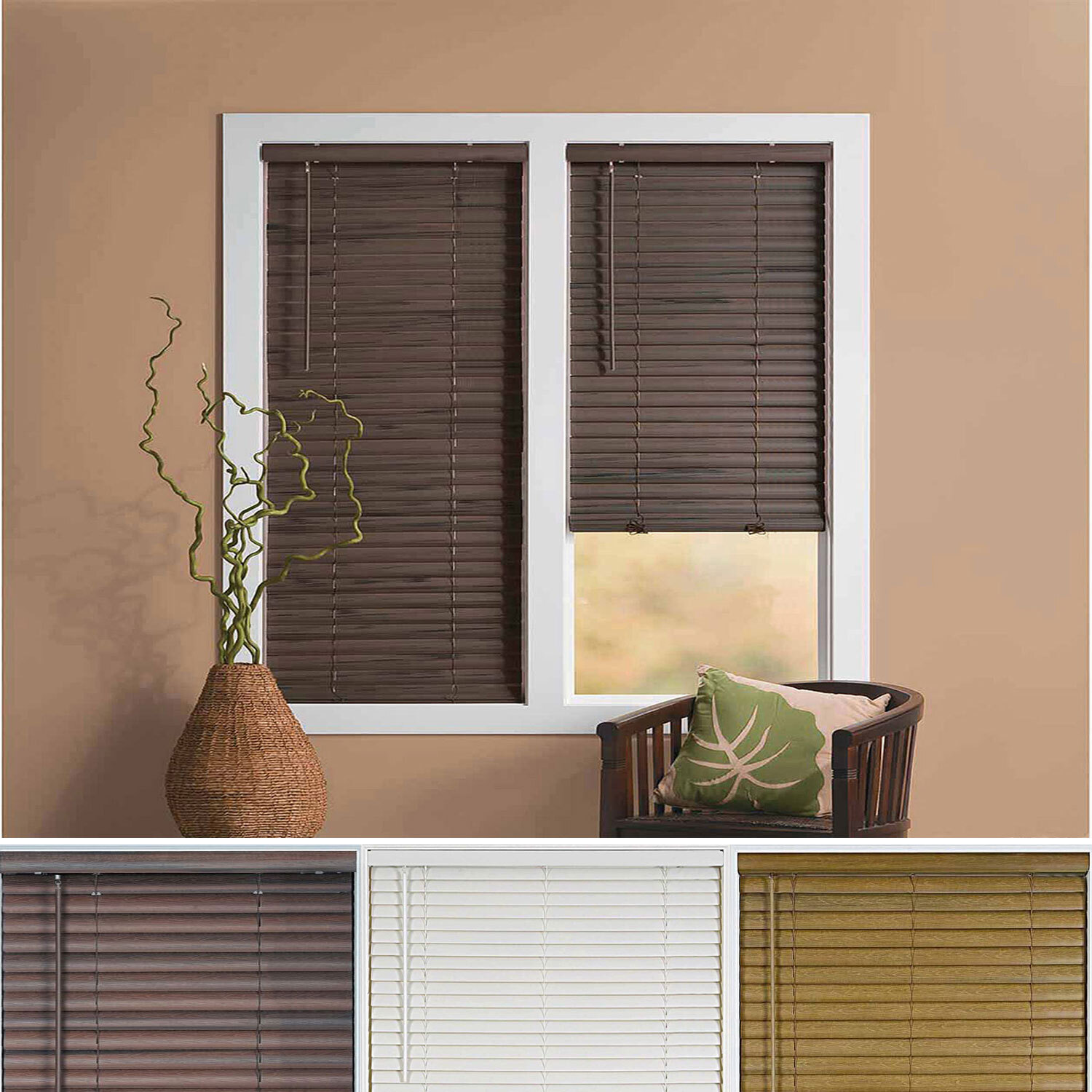 Window Blind 2″ Slats Cordless Mini Blinds Vinyl Embossed Woodgrain
