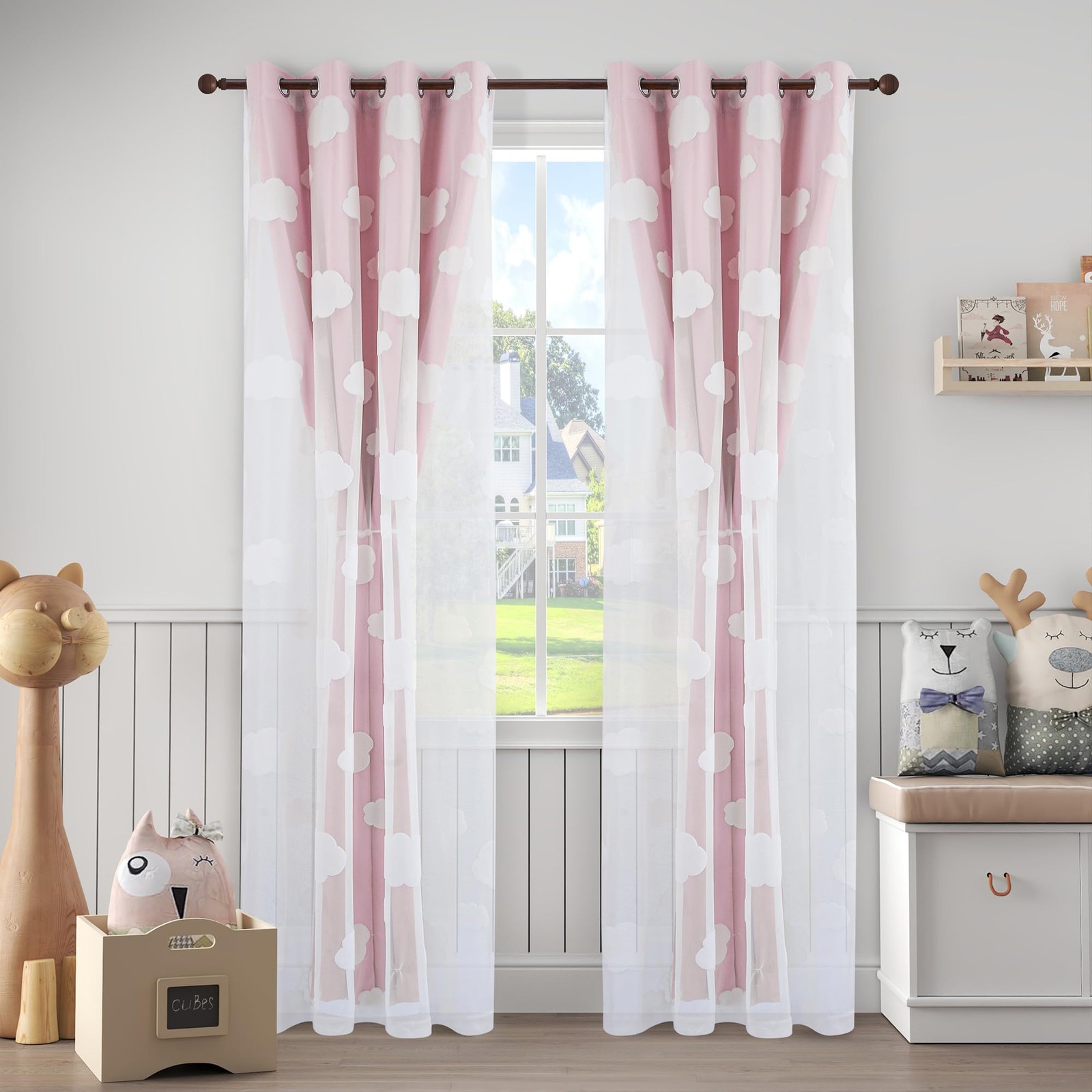 LCOOMZEN Pink Double Layer Curtains for Girls Bedroom White Cloud Pattern Sheer