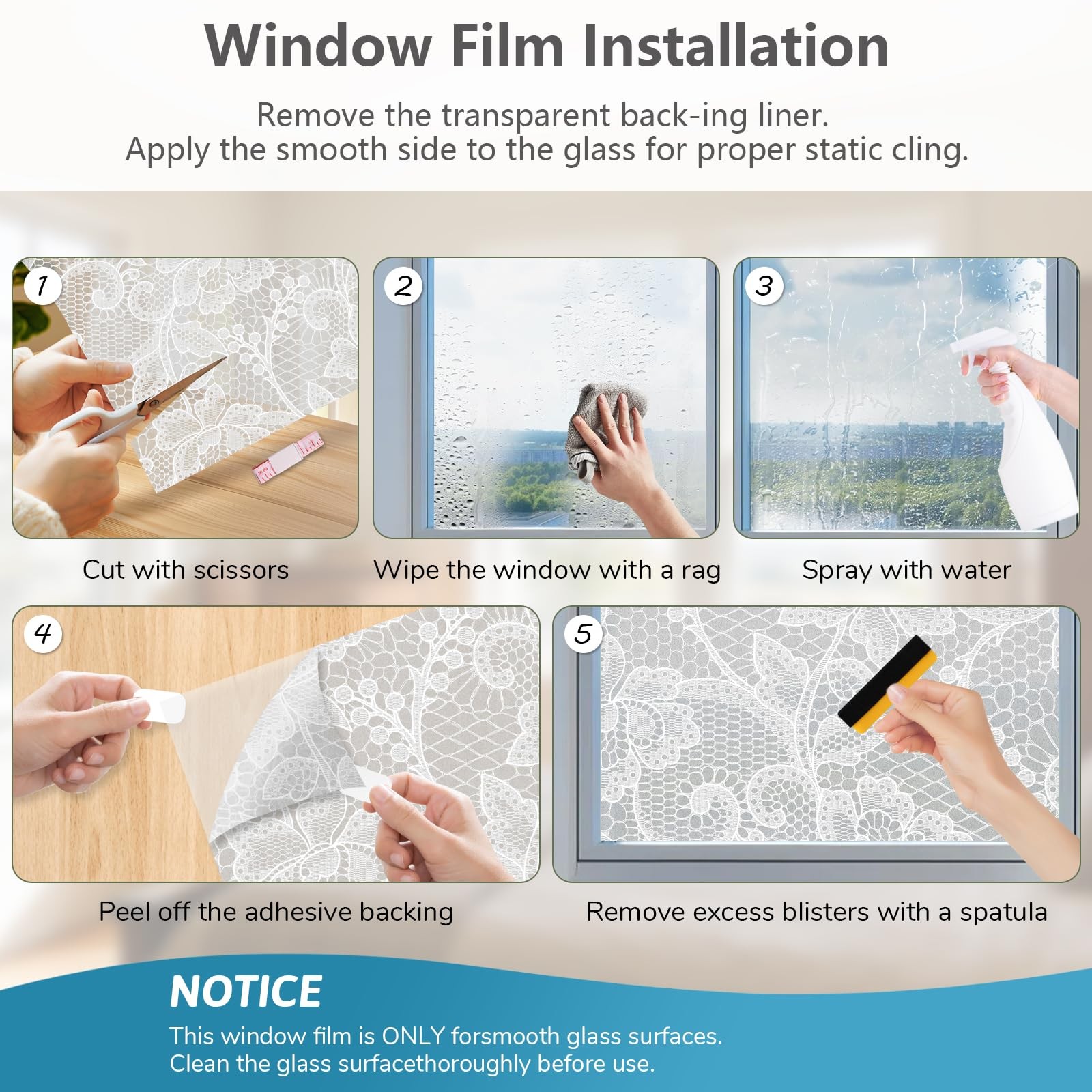 Frosted Window Privacy Film White Lace Stained Glass Static Cling Tint