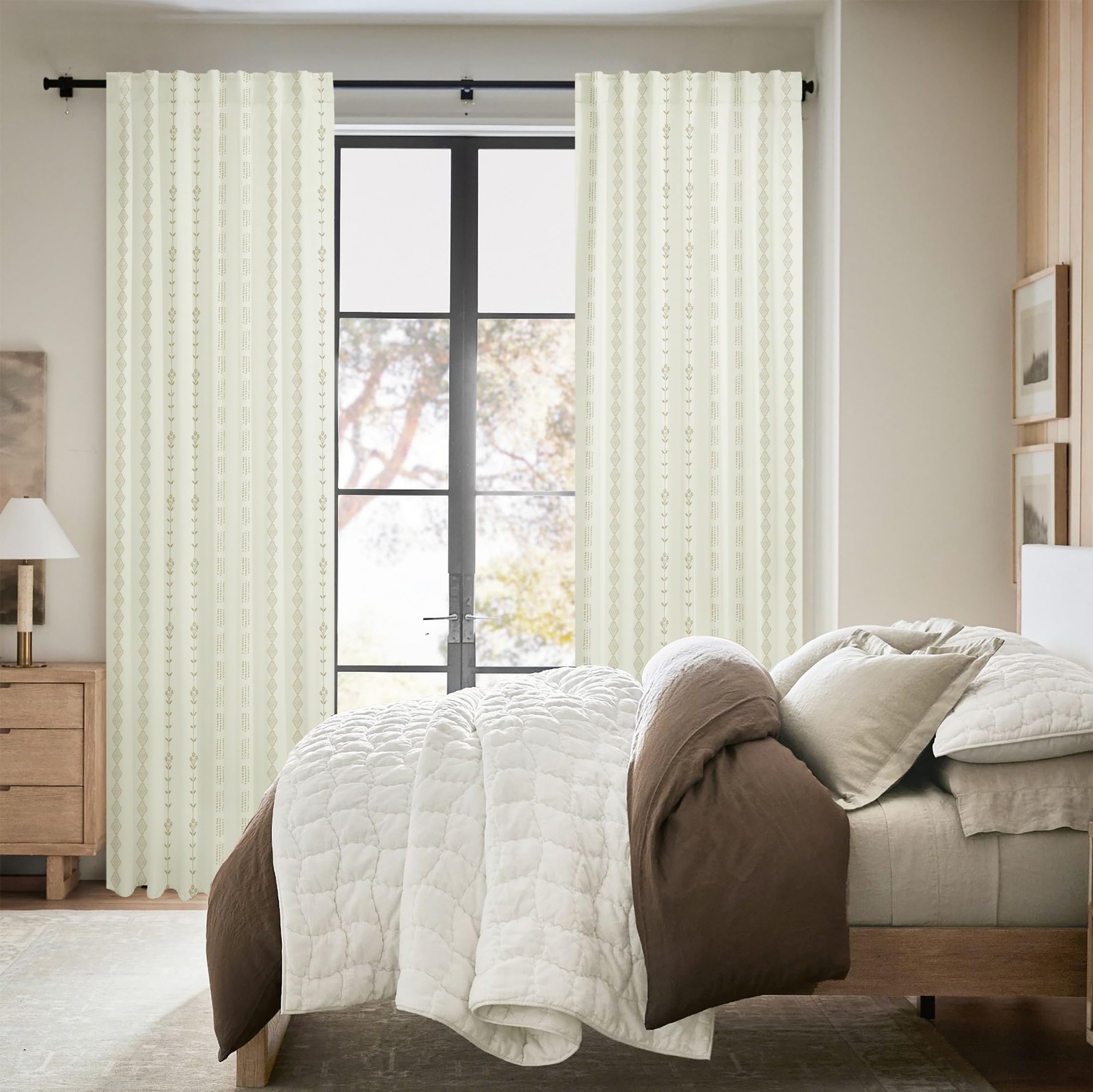Lino Rosa Neutral Textured Look Farmhouse Curtains Cream Base Soft Tan Vertical