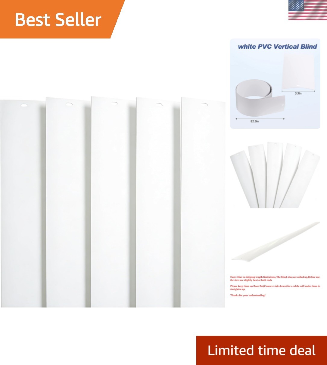 82.5″ x 3.5″ White PVC Vertical Blind Replacement Slats Curved Smooth 5 Pack