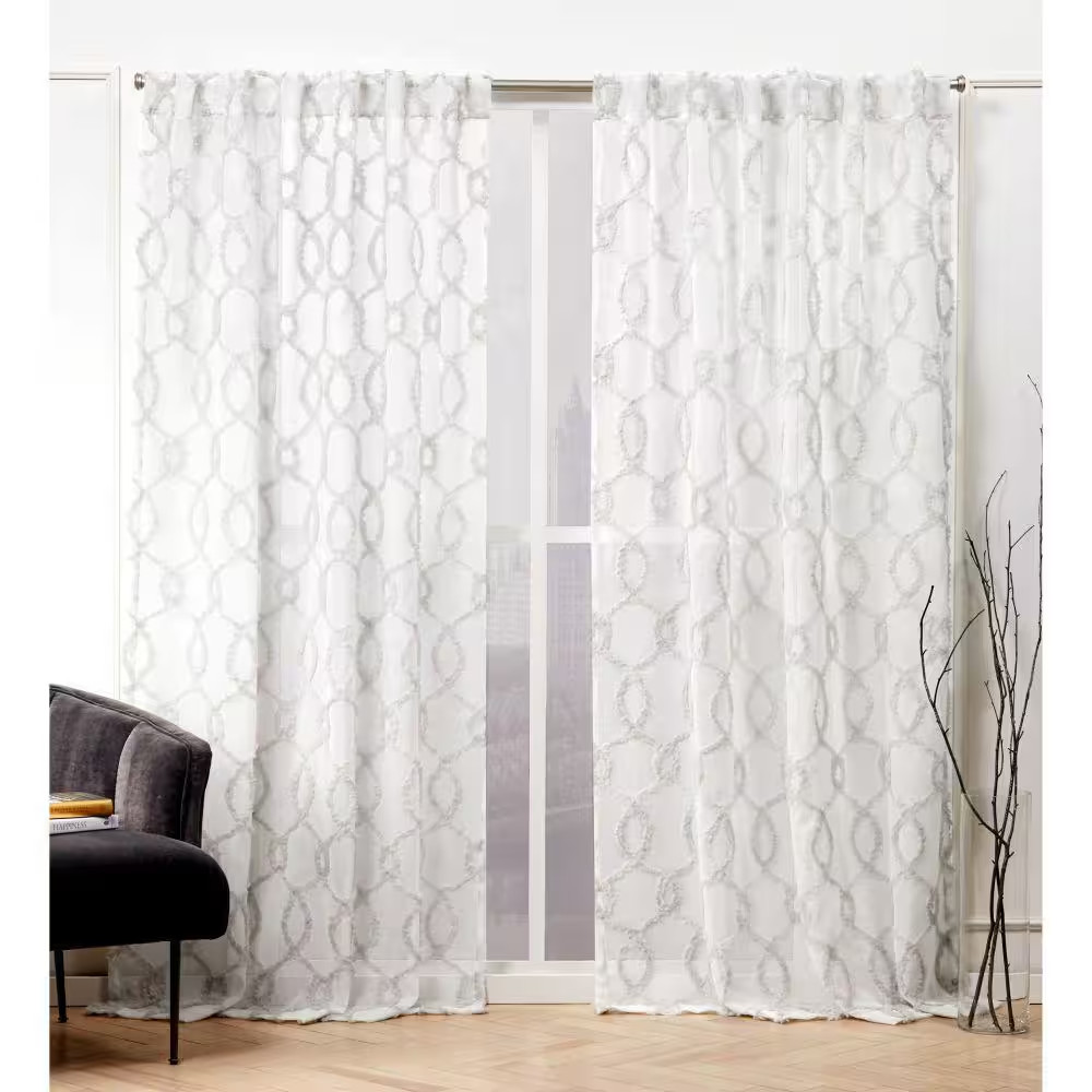 Dove Grey Trellis Back Tab Sheer Curtain – 54 In. W X 96 In. L