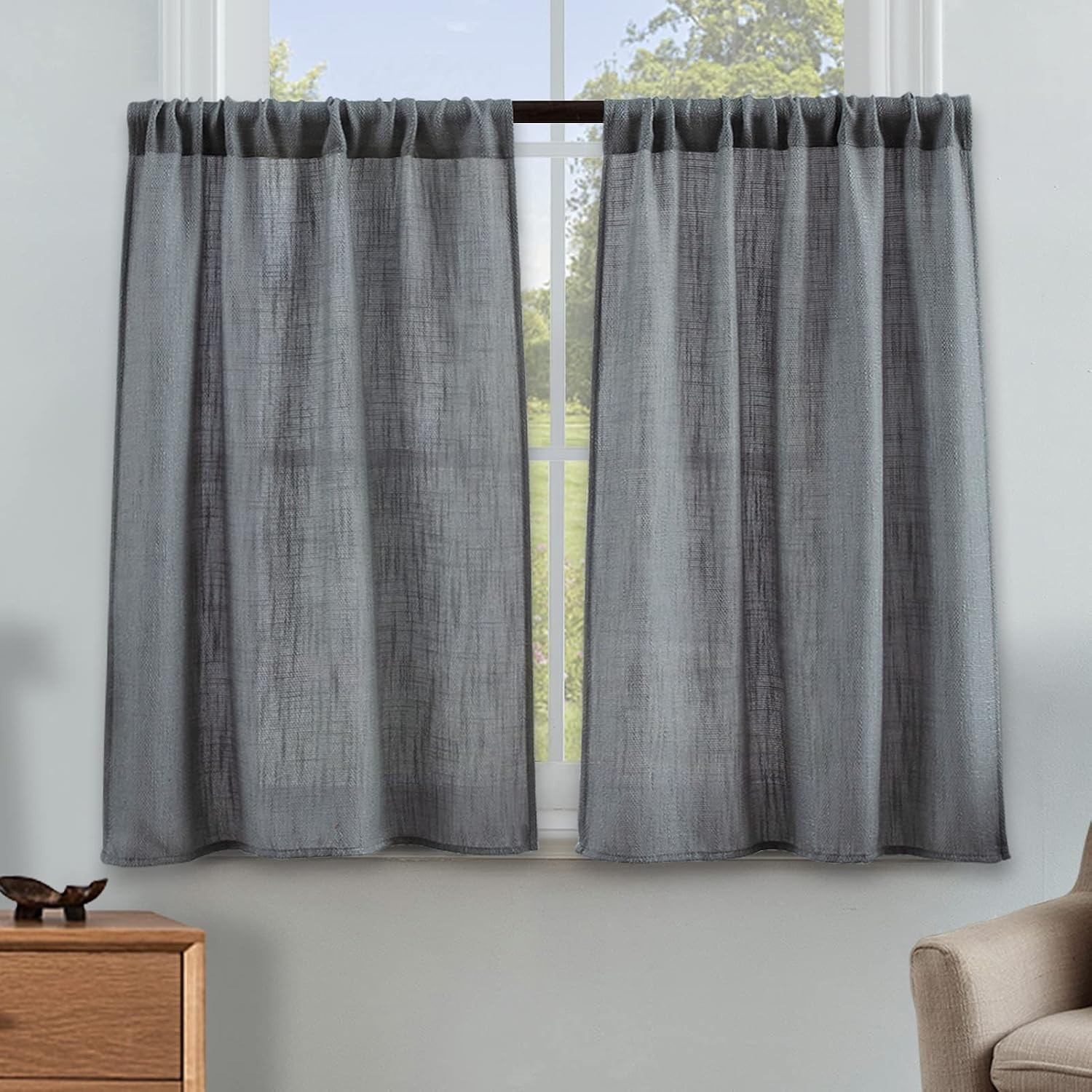 Elegant Grey Burlap Look Short Curtains – 45″ Rod Pocket Panels for Kitchen