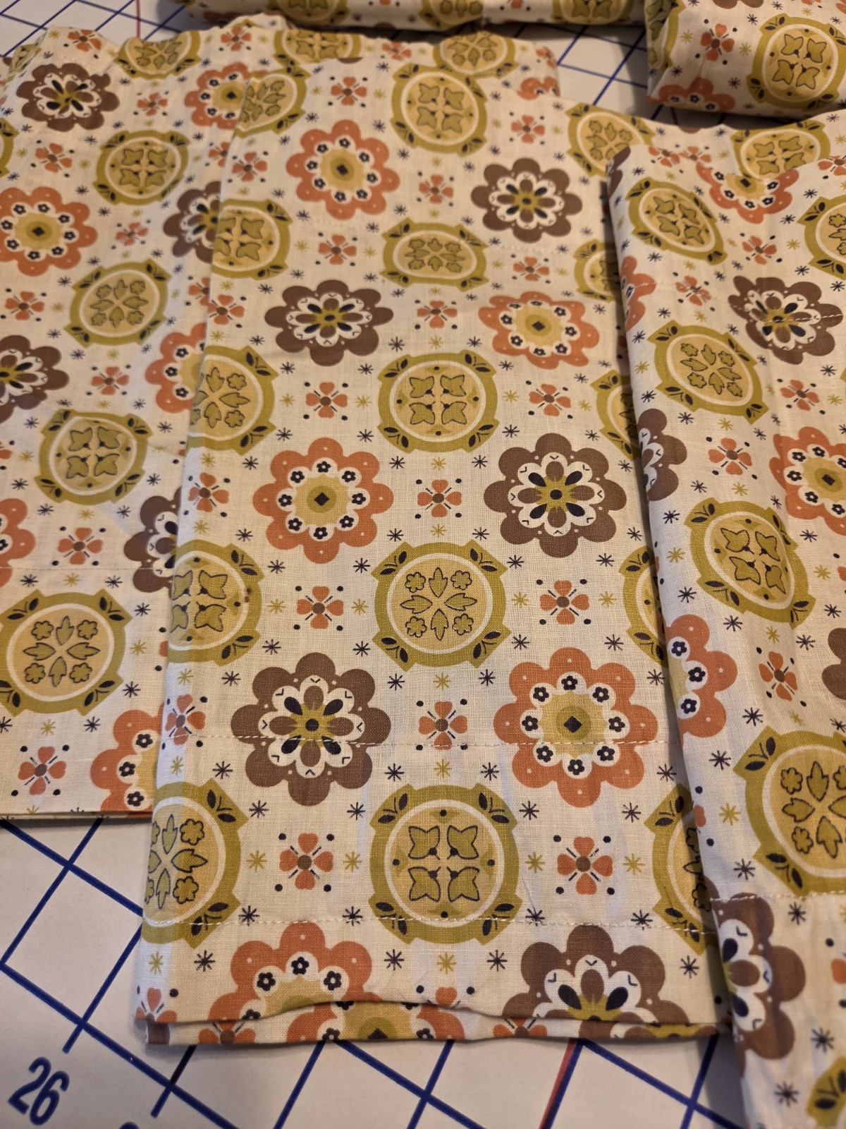 Set Of 4 60-70s Retro Vintage Handmade Floral Cotton Curtains Avocado Orange