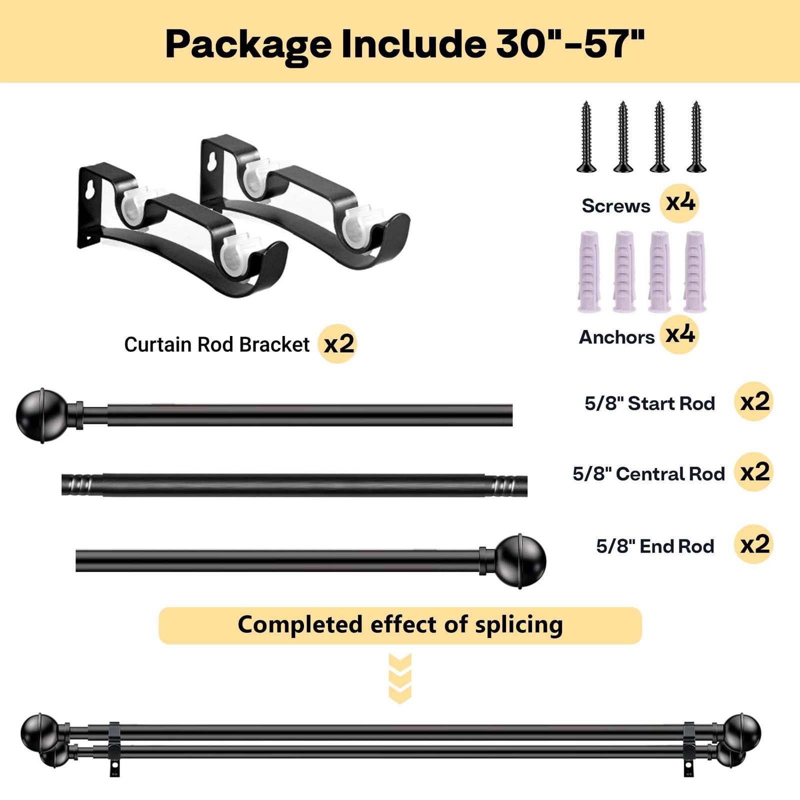 Adjustable Double Curtain Rods for Windows Set 30 to 57 Inch, Black Curtains …
