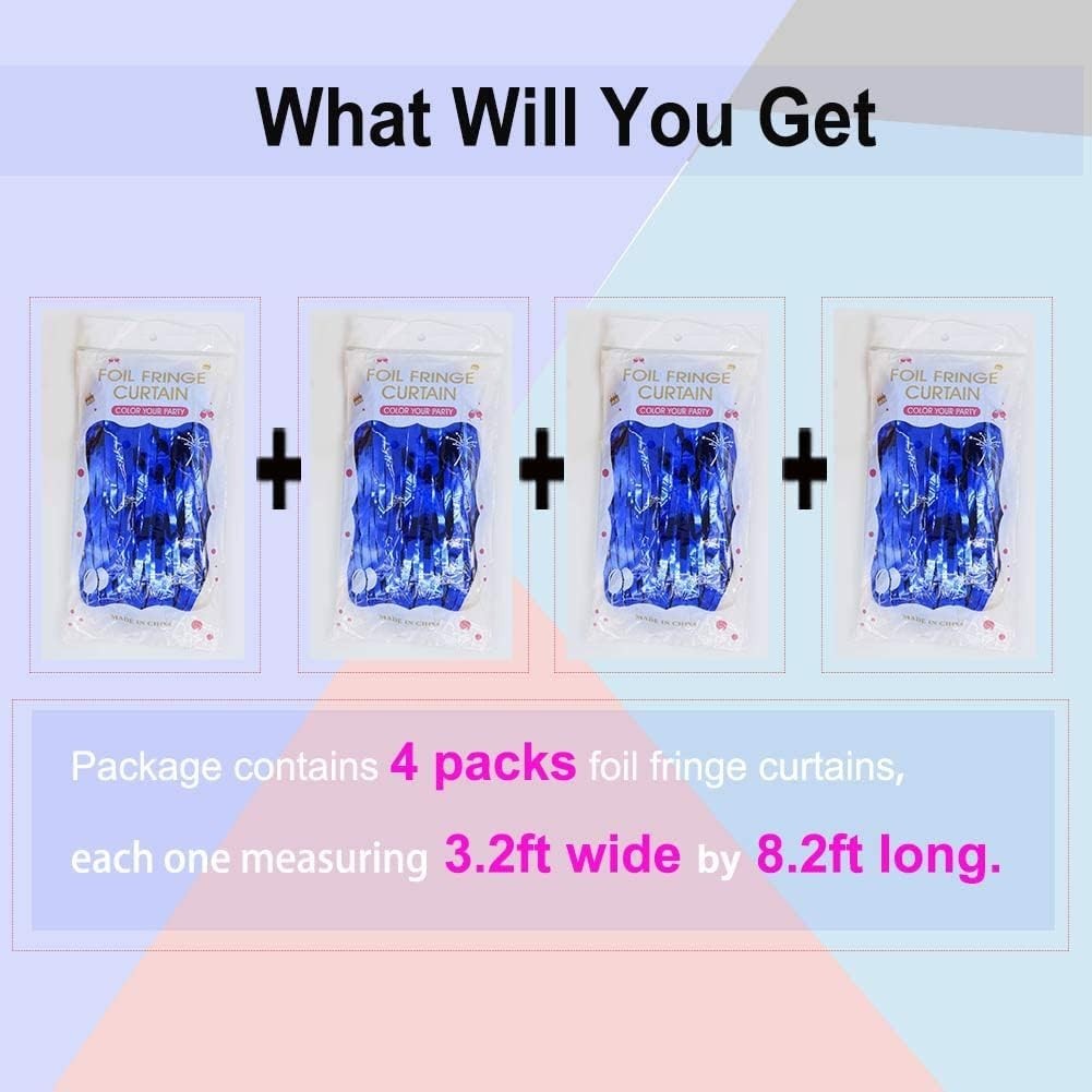 Blue Foil Fringe Curtain- 4 Pack of 3.2×8.2ft Blue Streamers Backdrop Curtain…
