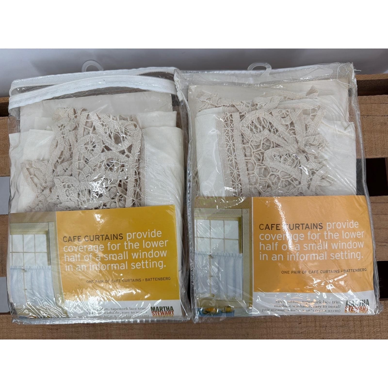 Martha Stewart Battenberg Lace Cafe Curtains 100% Cotton Cream 2 Pairs 36L 24L