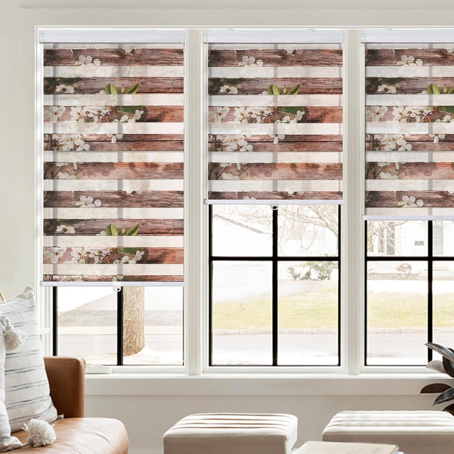 Horizontal Window Shade Blind Zebra Roller Blinds Curtains Pick Size Wood Flower