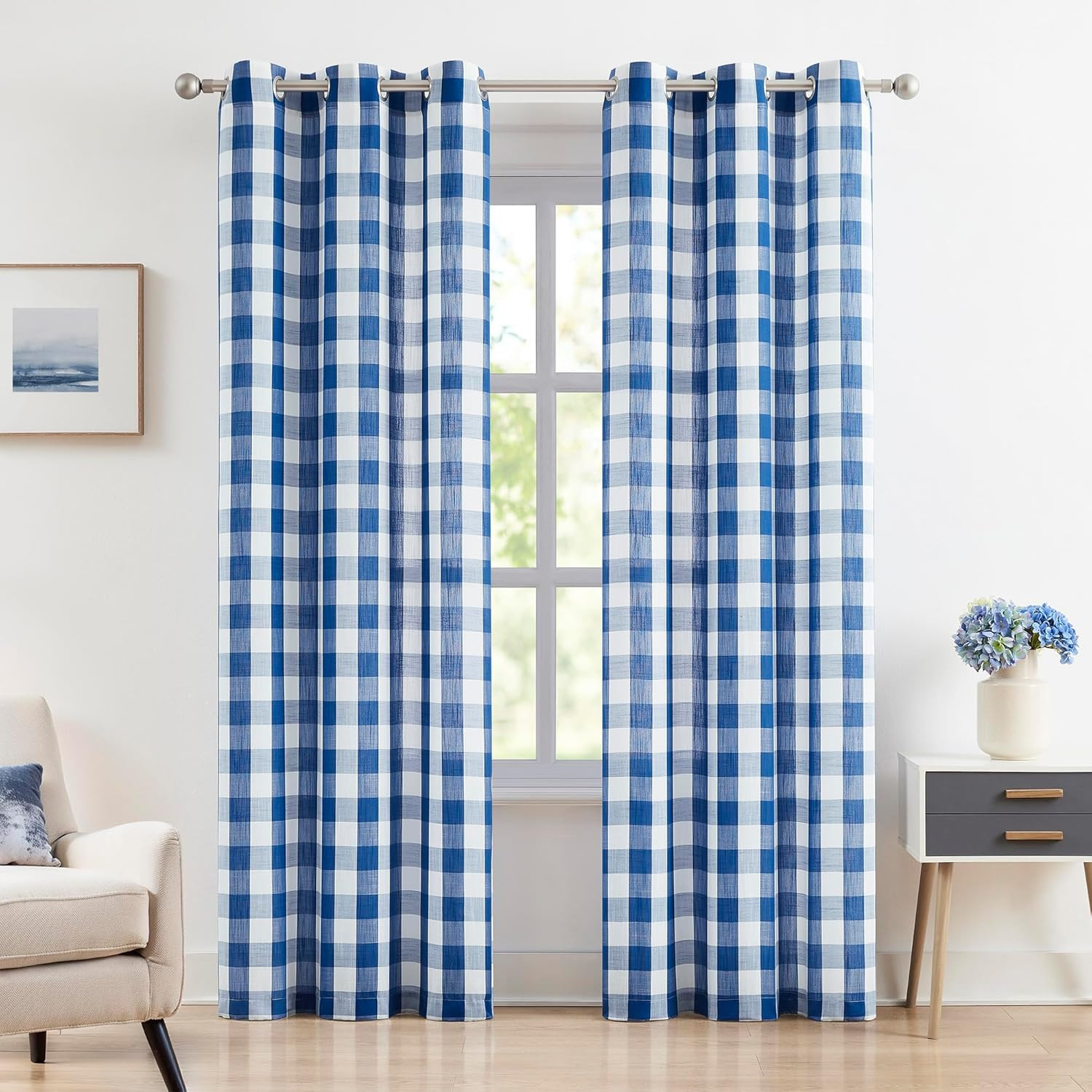 Buffalo Check Semi Curtain Panels Blue White Gingham Curtains Farmhouse Grommet