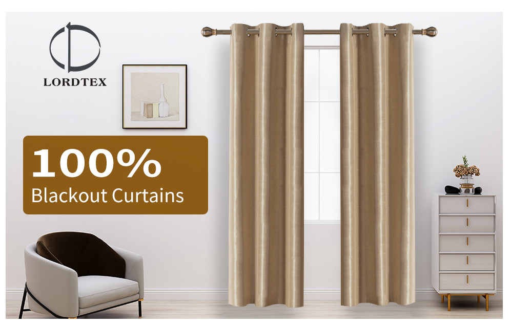 LORDTEX 100% Dupioni Silk Blackout Curtains 2 Panel 52 x 108 Inches,Thermal Gold