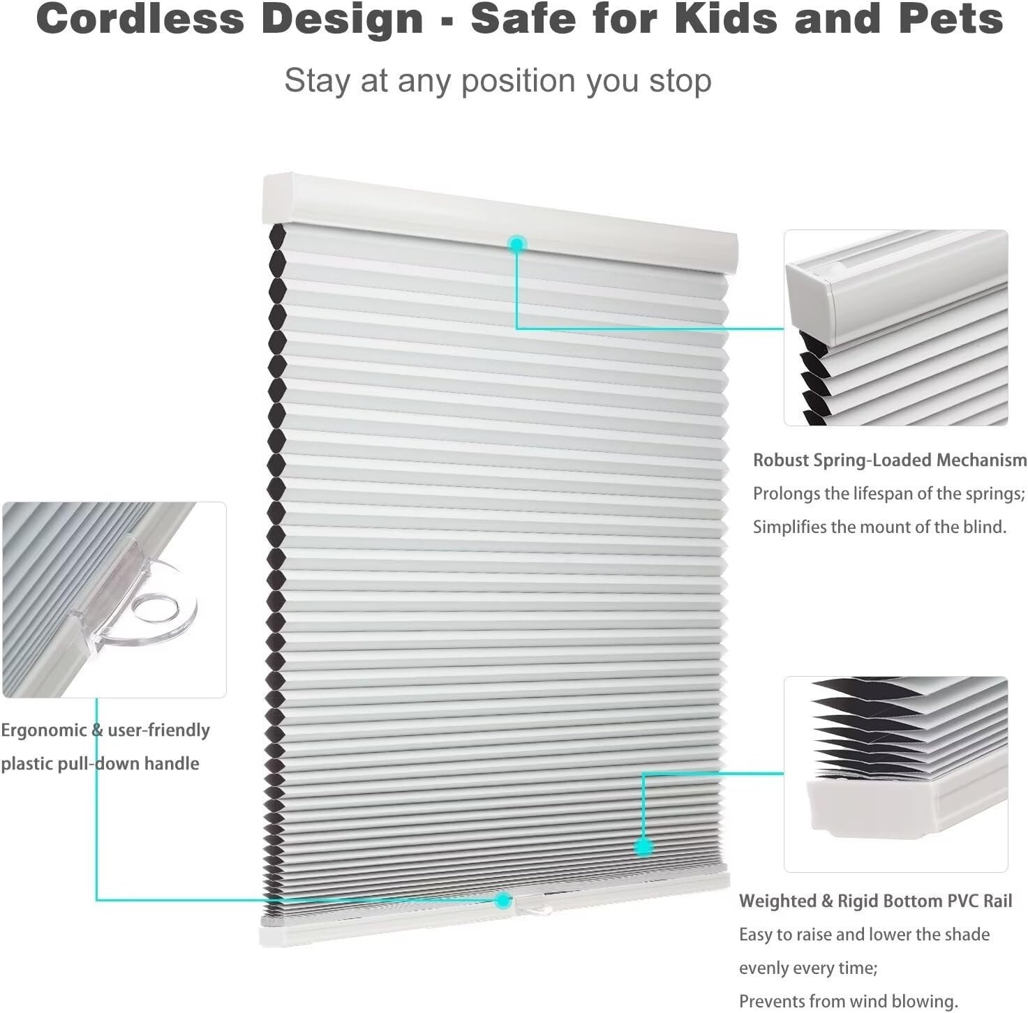 MYshade Cordless Blackout Cellular Shades Room Darkening Shade, 39″ W x 64″ H, W
