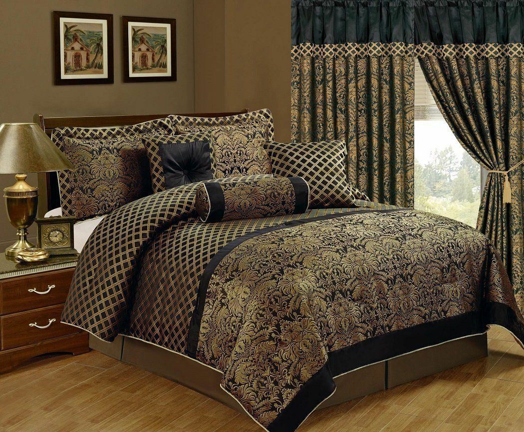 4 pc Black Gold Floral Trellis Window Curtains Panels Drapes Pair 84 in Valance