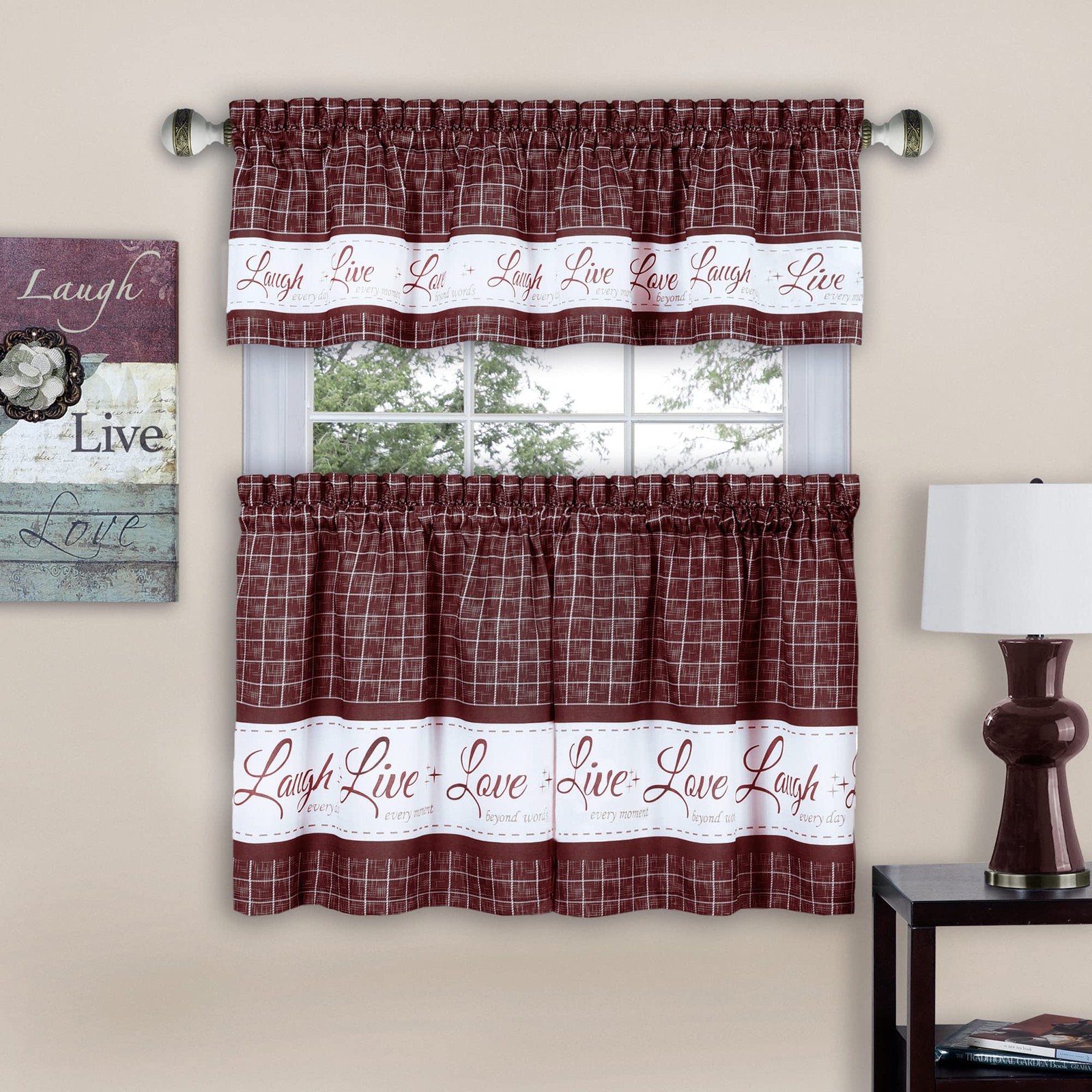 ACHIM Tier and Valance Window Curtain Set – 24″W x 58″L (Pack of 1), Burgundy