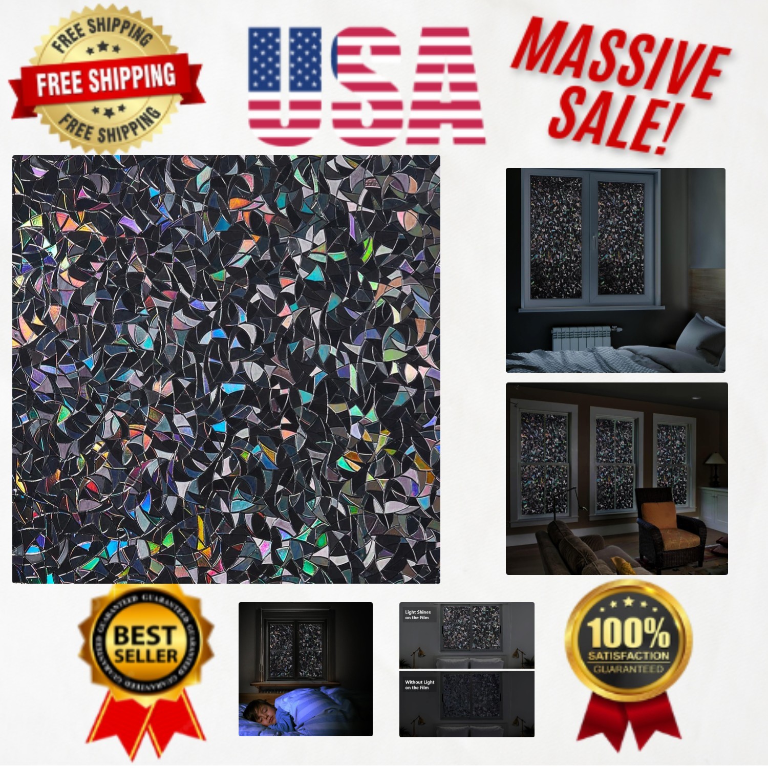 Removable Total Blackout Window Film with Rainbow Crescent Pattern – 17.5×78.7in