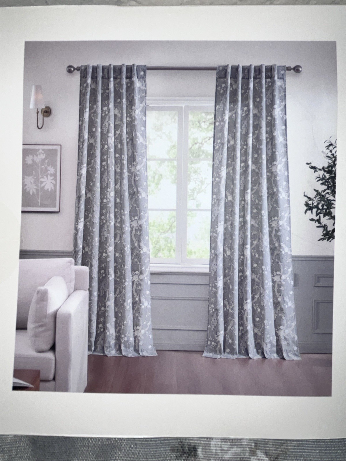 NWT LAURA ASHLEY GRAY PEACOCK AND FLORAL DESIGN CURTAINS/DRAPES SIZE 38”x 96”