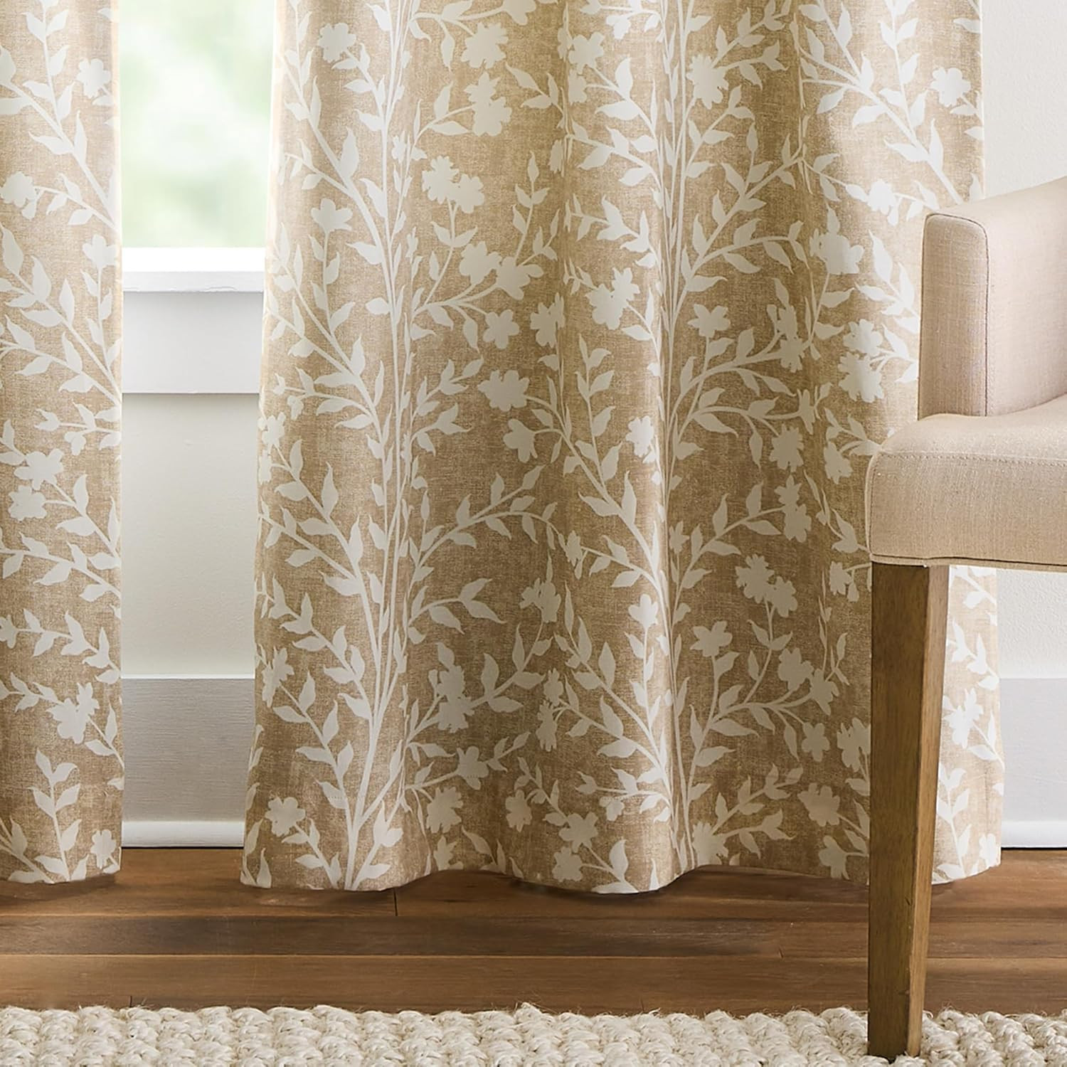 Beige Floral Blackout Curtains – Set of 2, 37″ x 84″ for Living Room/Bedroom