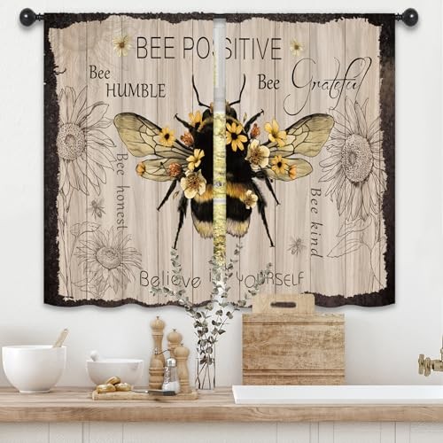 Rustic Farmhouse Bee Kitchen Curtains 27.5W 55″W x 39″L (Pack of 2) Vintage Bee