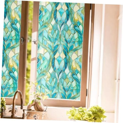 Vintage Light Green Yellow Damask Leaf Stained Glass Window Films Decorative